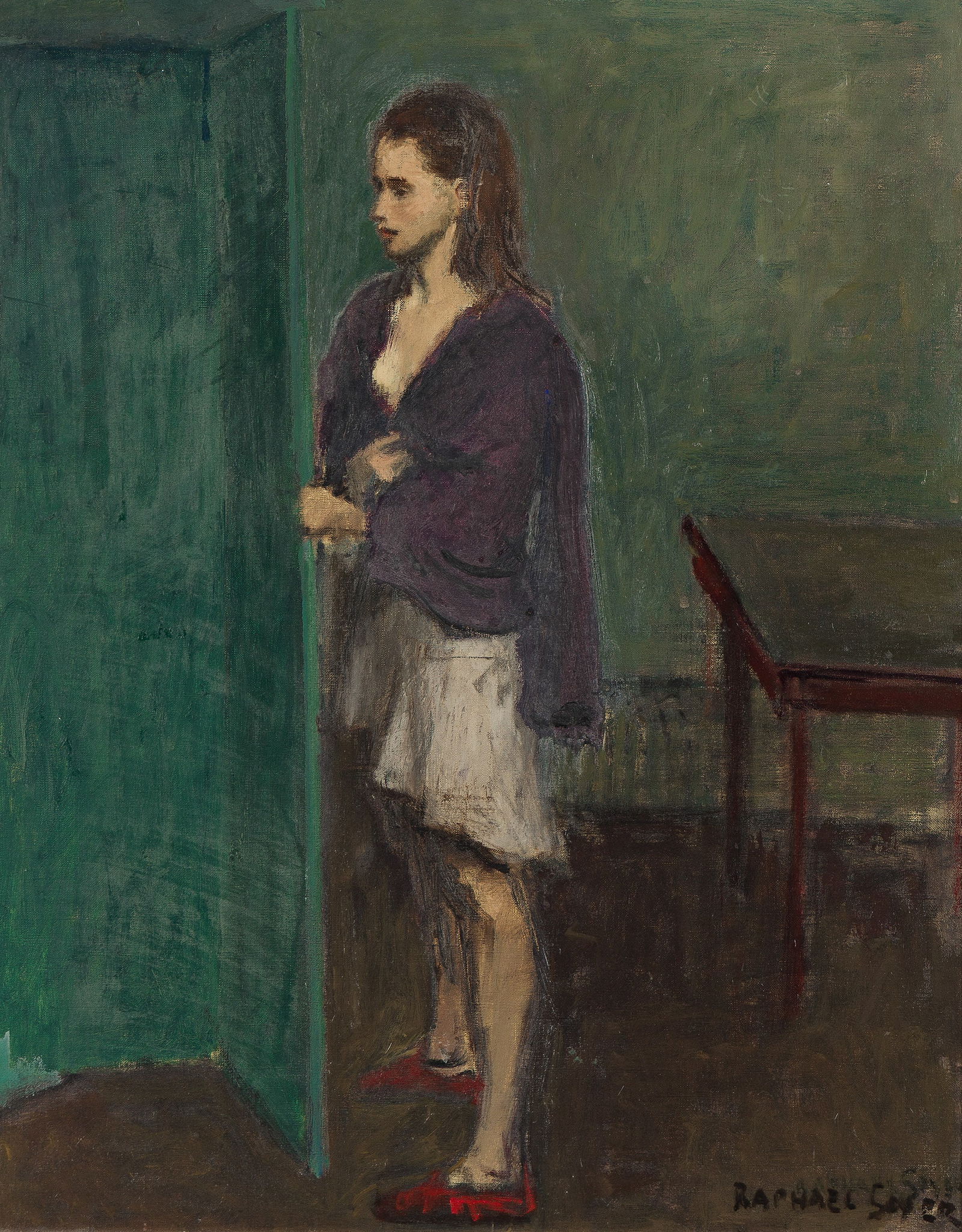 Raphael Soyer, Untitled (Woman in a Blue Coat), circa 1940.: Raphael Soyer(1899-1987)Untitled (Woman in a Blue Coat).Oil on canvas, circa 1940.Signed in oil, lower right.30 x 24 in. (76.2 x 61 cm.), Frame: 38 x 32 in. (96.5 x 81.3 cm.) Provenance:Na