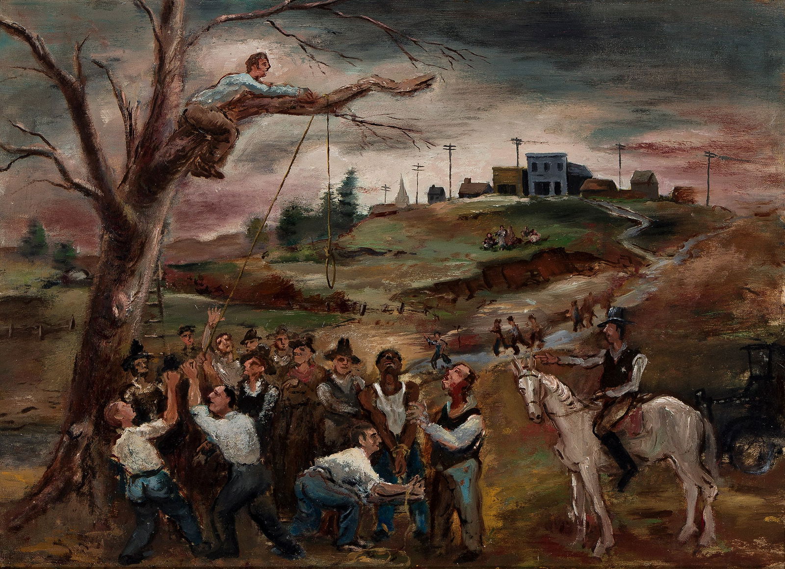 Arnold Blanch, Lynching, 1939.: Arnold Blanch(1896-1968)Lynching.Oil on canvas, 1939.16 x 22 in. (40.6 x 55.9 cm.), Frame: 22 1/2 x 28 1/2 in. (57.2 x 72.4 cm.) Provenance:Lucile Blanch.Wichita State University, Edwin A.