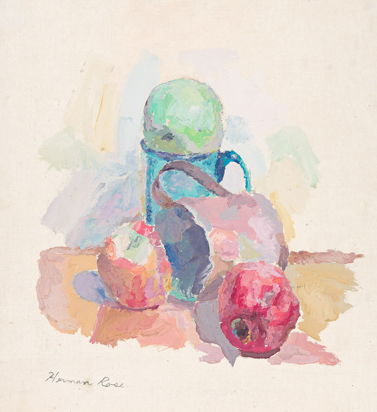 Herman Rose, Apples and Cups, 1973.: Herman Rose(1909-2007)Apples and Cups.Oil on canvas laid to masonite board, 1973.Signed in pencil, lower left.14 3/4 x 13 in. (37.5 x 33 cm.)Frame: 15 1/2 x 13 3/4 in. (39.4 x 34.9 cm.) Pr