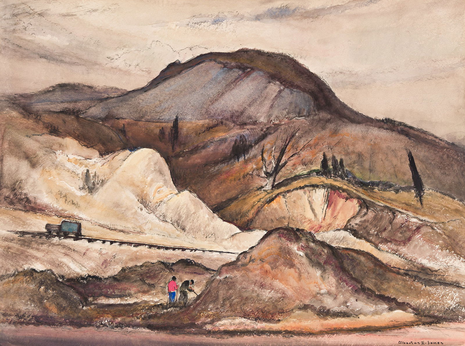 Albertus Eugene Jones, Sand Pit.: Albertus Eugene Jones(1882-1957)Sand Pit.Watercolor on paper.Signed in ink at lower right, recto. Inscribed in pencil as titled, and numbered in ink, "#51," on verso.19 x 24 in. (48.3 x 61 cm.)Frame: