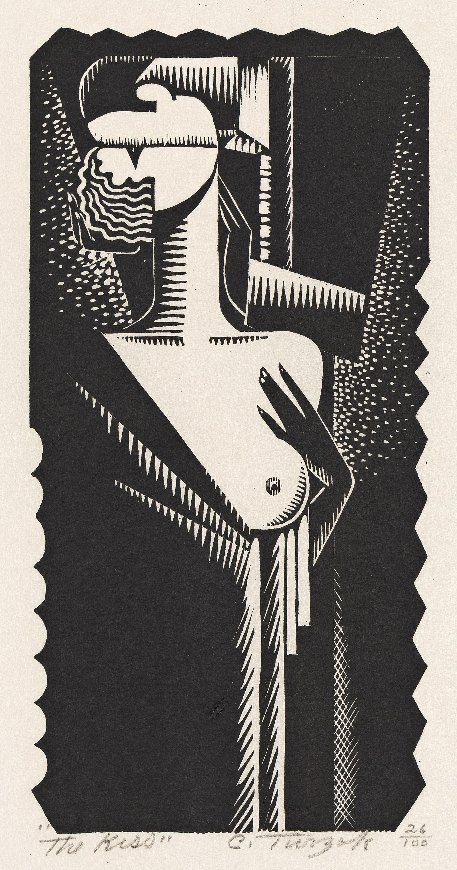 Charles Turzak, The Kiss, 1932.: Charles Turzak(1899-1986)The Kiss.Linoleum cut on Japan paper, 1932.Signed, titled and numbered 26/100 in pencil, lower margin.Image: 8 3/4 x 4 3/8 in. (22.4 x 11.1 cm.), full margins.