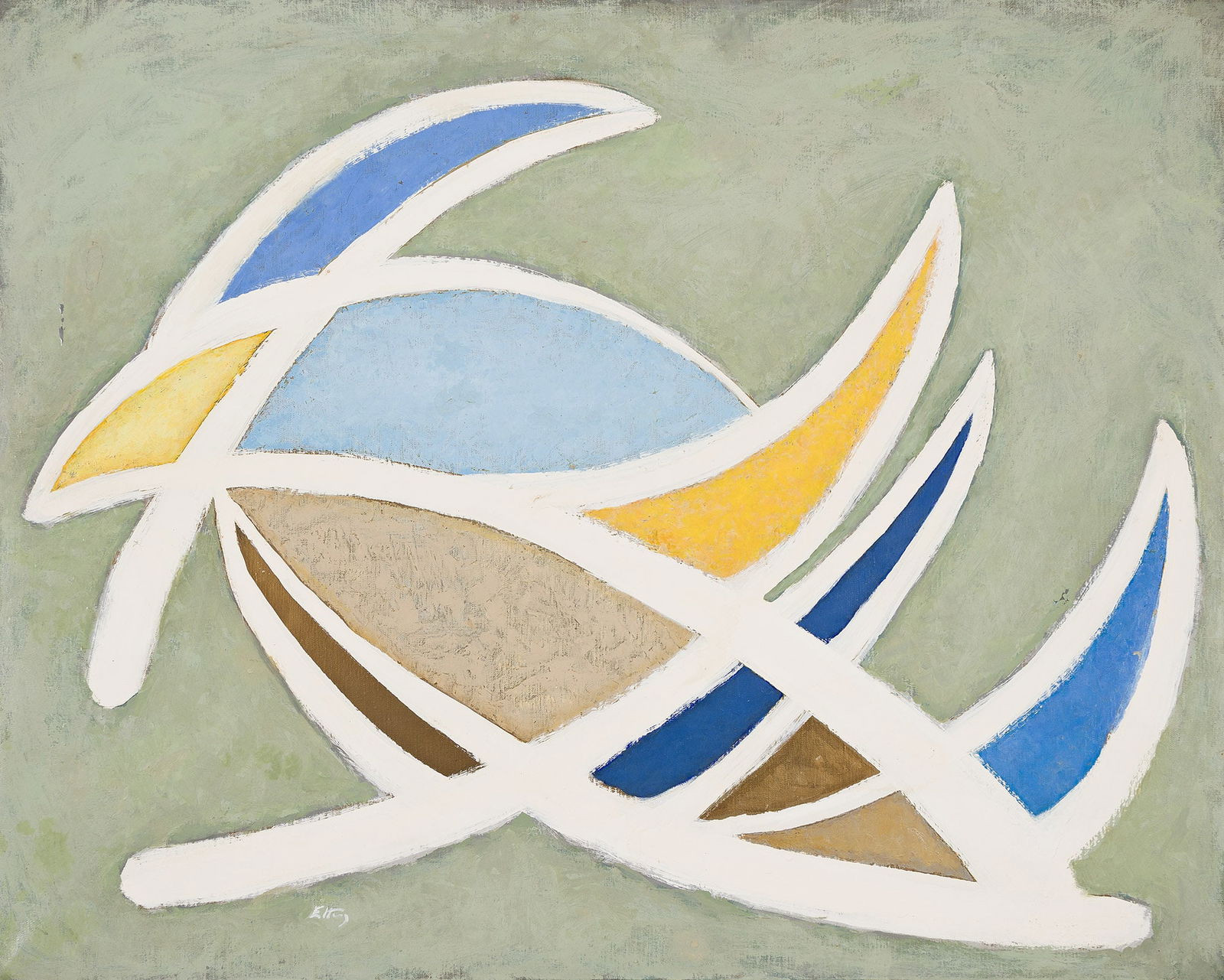 Emlen Pope Etting, Jr., Aegean Odyssey.: Emlen Pope Etting, Jr.(1905-1993)Aegean Odyssey.Oil on canvas.Signed in oil at lower left, recto. Inscribed as titled in ink on the stretcher, verso.40 x 50 in. (101.6 x 127 cm.)Frame: 41 1/4 x 51 1/4