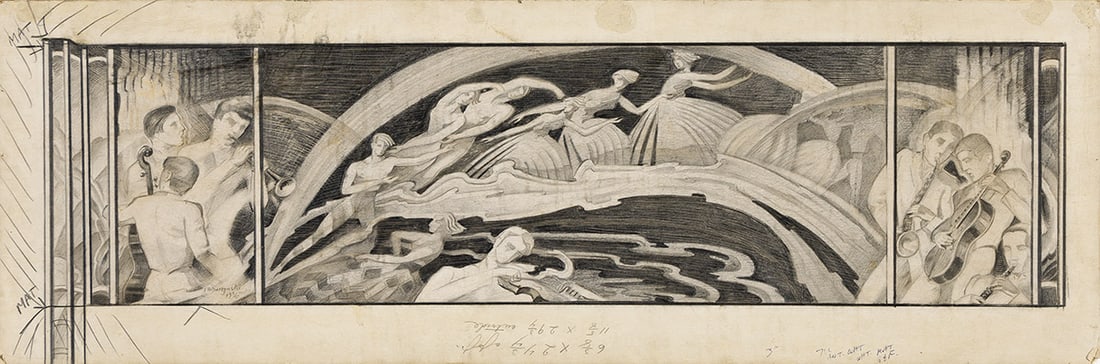 Florian Durzynski, Untitled (Mural Study), 1936.: Florian Durzynski(1902-1969)Untitled (Mural Study).Pencil on illustration board, 1936.Signed and dated lower left.6 1/2 x 25 in. (16.5 x 63.5 cm.)