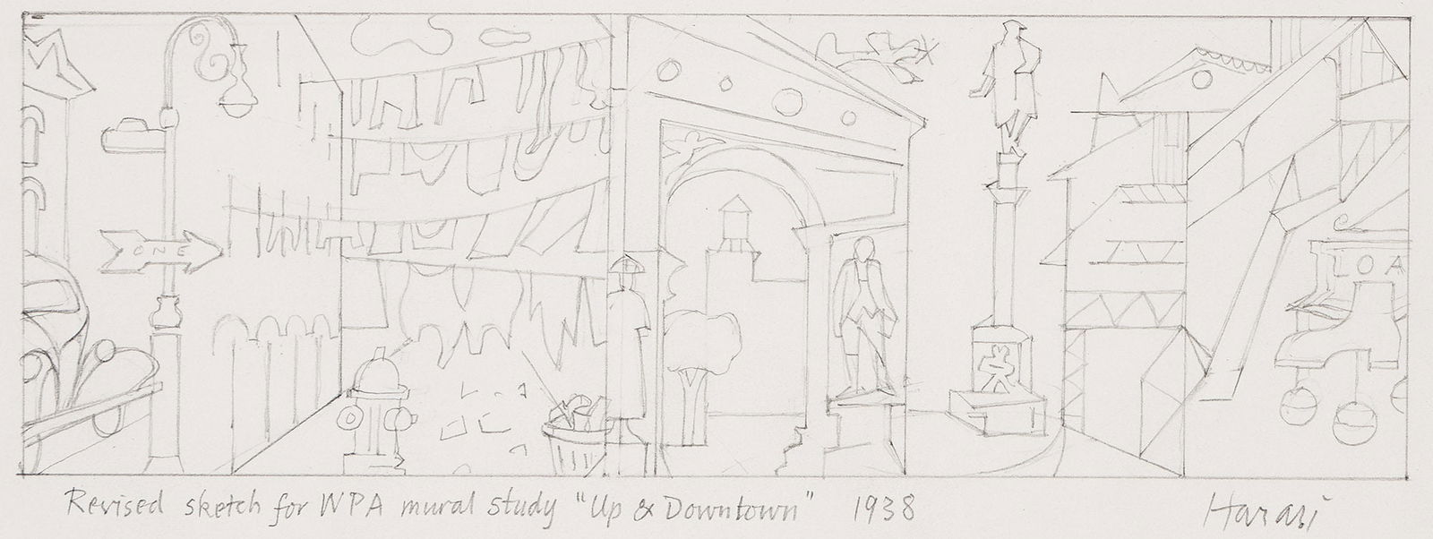 Hananiah Harari, Revised Sketch for WPA Mural Study (Up & Downtown), 1938.: Hananiah Harari(1912-2000)Revised Sketch for WPA Mural Study (Up & Downtown).Pencil on paper, 1938.Signed in pencil at lower right. Inscribed as titled and dated in pencil at lower left.Image: 3 x 9 i