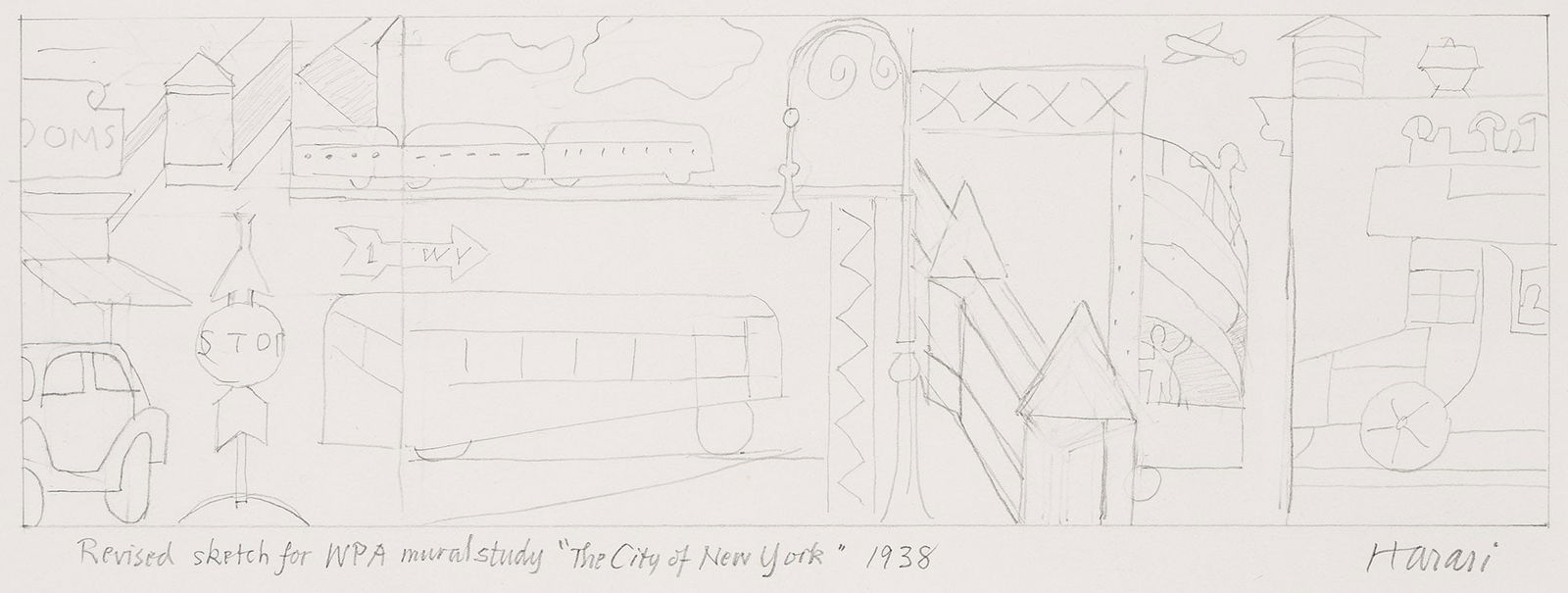 Hananiah Harari, Revised Sketch for WPA Mural Study (The City of New York), 1938.: Hananiah Harari(1912-2000)Revised Sketch for WPA Mural Study (The City of New York).Pencil on paper, 1938.Signed in pencil at lower right. Inscribed as titled and dated in pencil at lower left.Image: