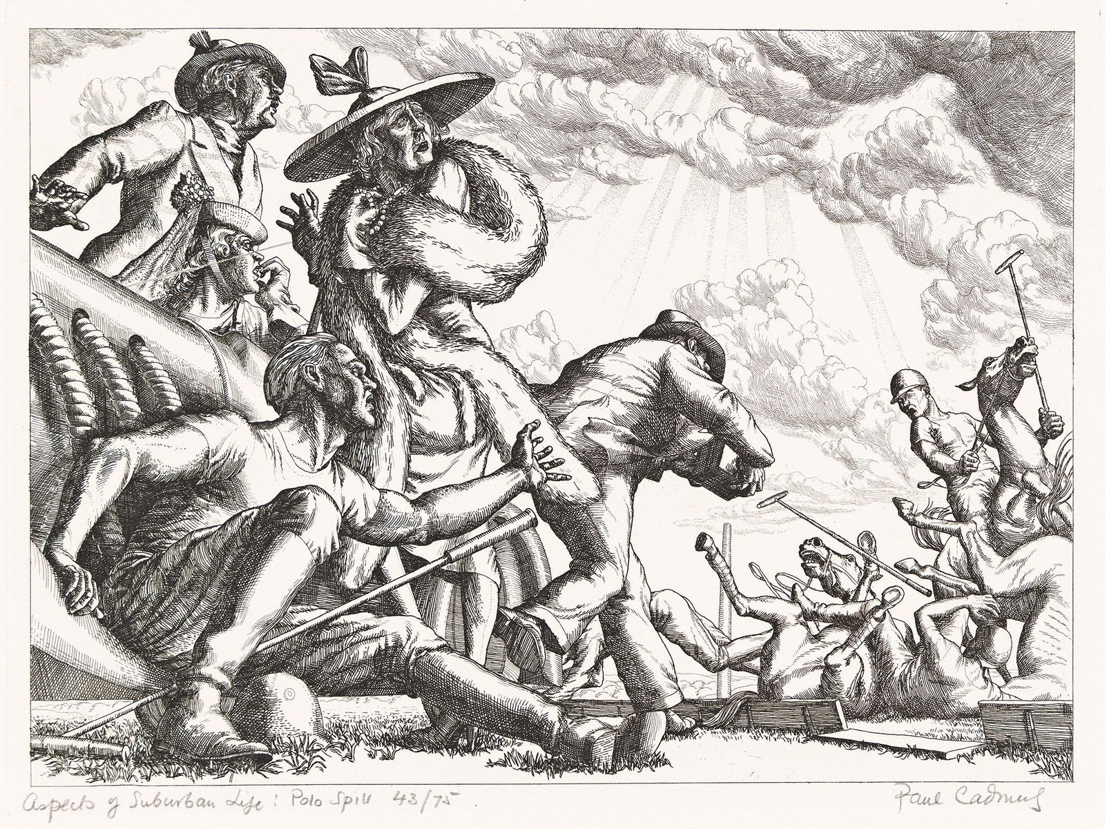 Paul Cadmus, Polo Spill (Aspects of Suburban Life), 1938.: Paul Cadmus(1904-1999)Polo Spill (Aspects of Suburban Life).Etching, 1938.Signed, titled and numbered 43/75 in pencil, lower plate. Davenport 41.Plate: 7 x 9 1/2 in. (17.9 x 24.1 cm.), full margins.