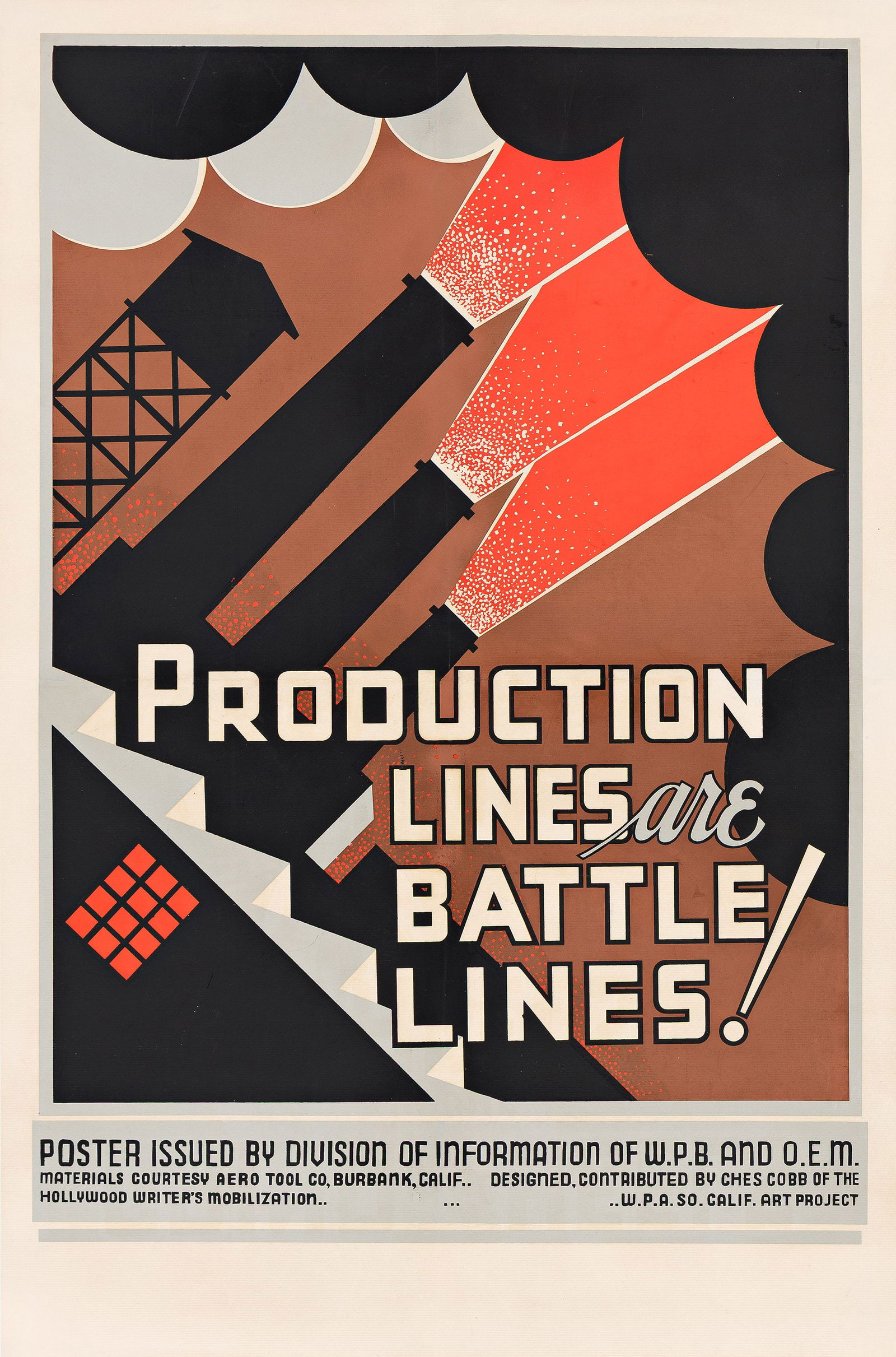 Ches Cobb, Production Lines are Battle Lines, Circa 1942.: Ches CobbDates UnknownProduction Lines are Battle Lines. Circa 1942.Silkscreen poster on textured paper, linen-backed.36 1/2 x 24 in. (91.5 x 61.0 cm.) Aero Tool Co., Burbank.