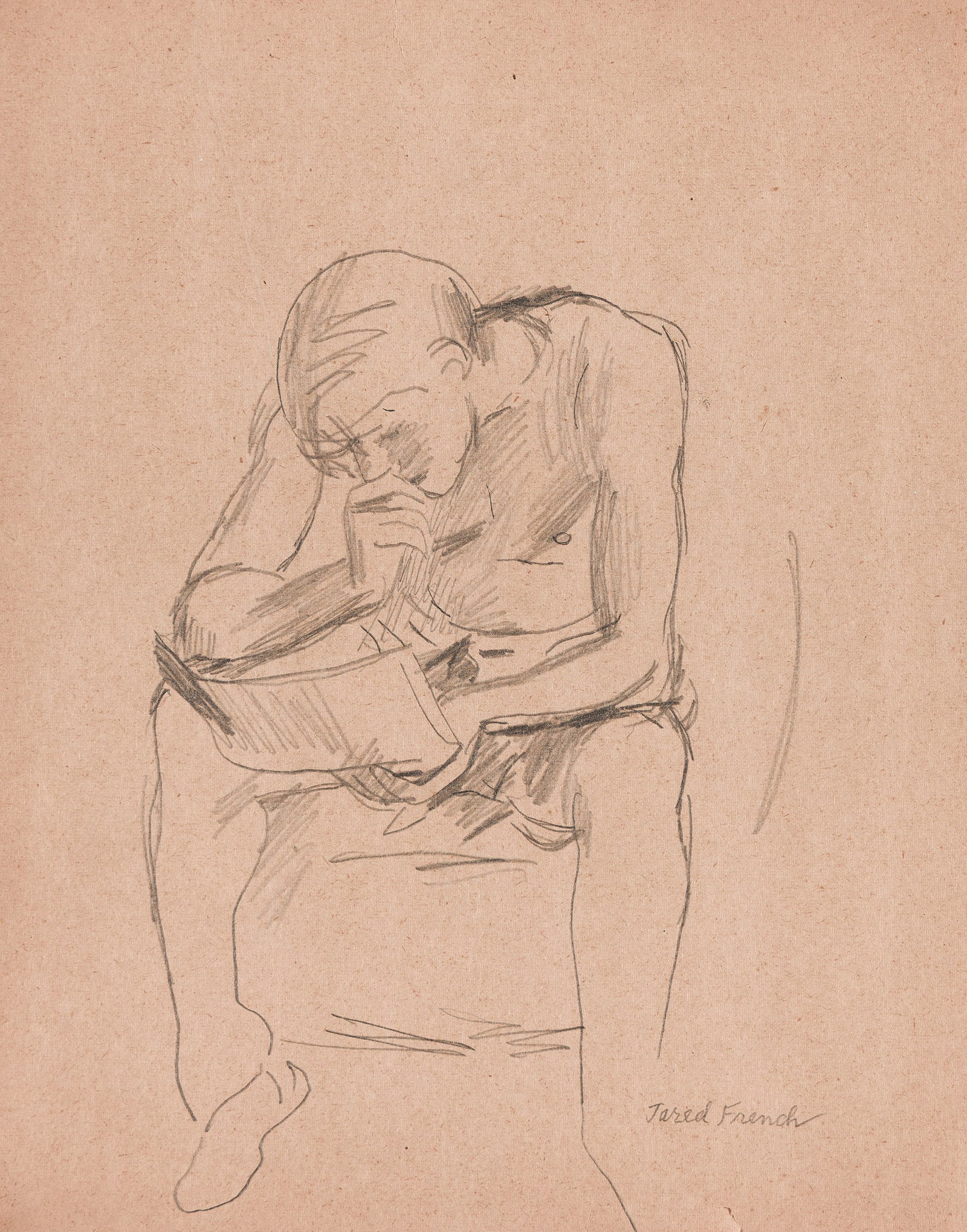 Jared French, Untitled (Seated naked man and naked woman). Circa 1920s.: Jared French1905-1988Untitled (Seated naked man and naked woman). Circa 1920s.Pencil on brown toned paper.Signed in pencil, lower right. Signed and dated 1926-26 in pencil lower right.10 3/4 x 8 1/2 i