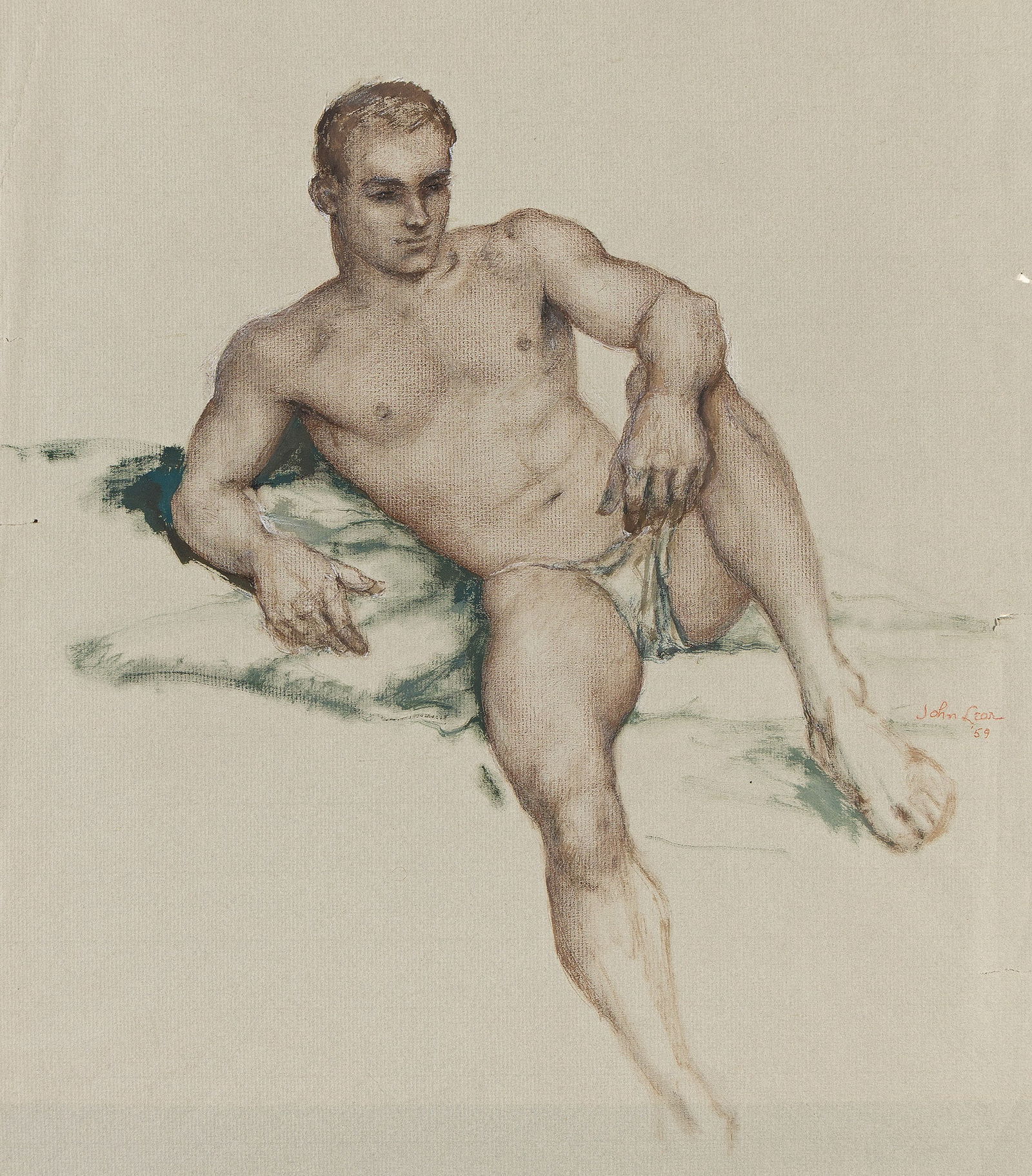 John B. Lear Jr., Untitled (Nude Sketch). 1959.: John B. Lear Jr.1910-2008Untitled (Nude Sketch). 1959Watercolor on grey toned wove paper.Signed and dated in pencil, lower right.20 1/2 x 16 3/4 in. (52.1 x 42.5 cm.) Provenance:Pri