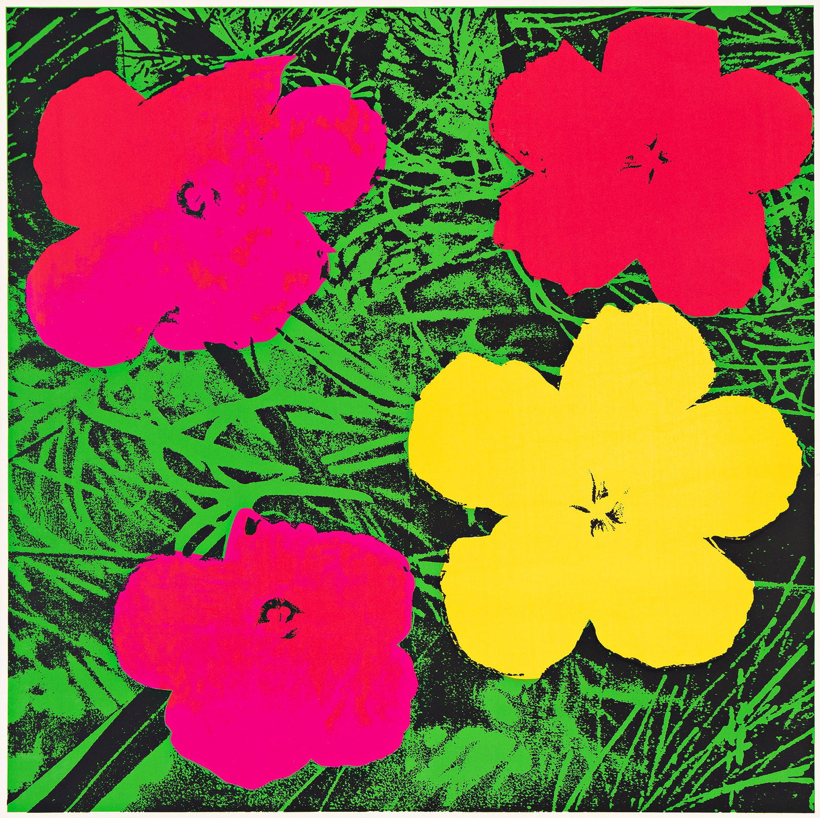 Andy Warhol, Flowers. 1964.: Andy Warhol1928-1987Flowers. 1964.Offset lithograph on paper.24 3/4 x 24 3/4 in. (62.9 x 62.9 cm.), Frame: 25 x 25 in. (63.5 x 63.5 cm.) An exhibition poster from New York’s Leo Castelli Gallery