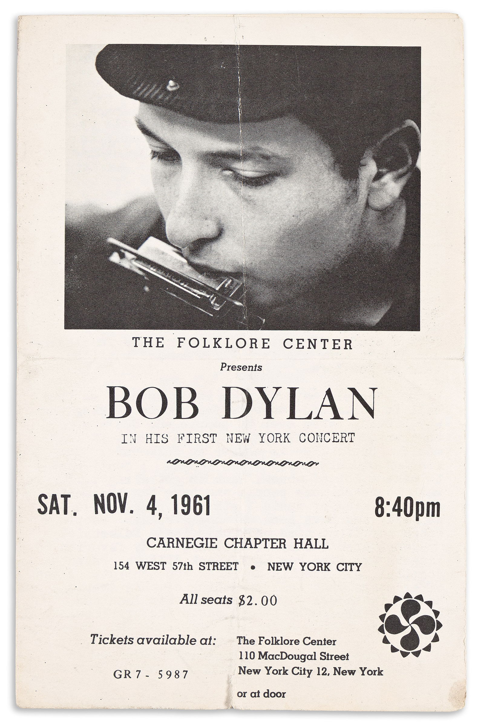 Designer Unknown, Bob Dylan in His First New York Concert.. Program. 1961. (1 of 2)