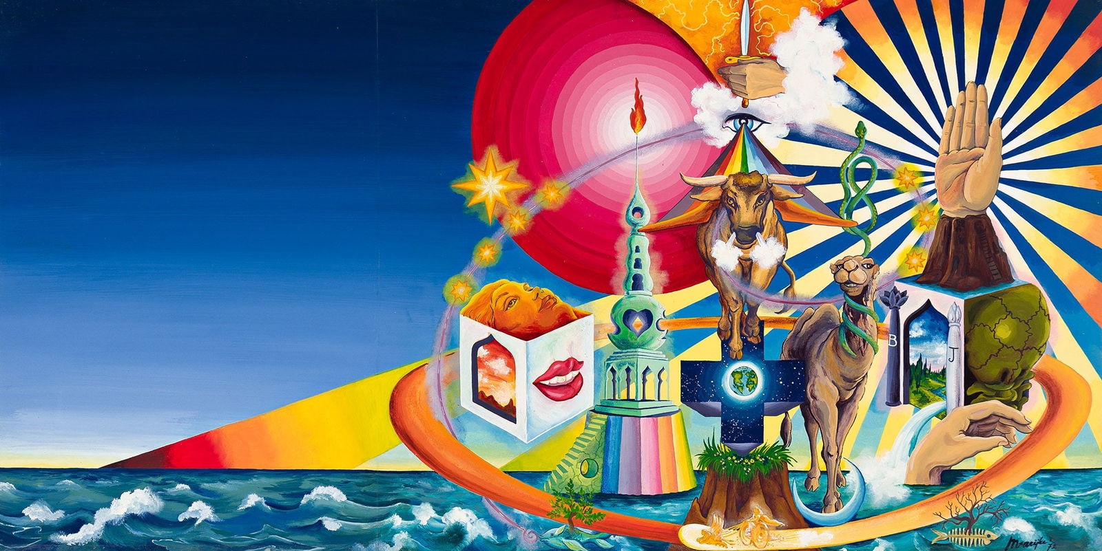 Marijke Koger, Major Arcanum. Enamel on board. 1972.: Marijke Koger1943-Major Arcanum. 1972.Enamel on board.Signed and dated in ink, lower right.19 1/2 x 39 in. (49.5 x 99.1 cm.), Frame: 26 1/4 x 45 1/2 in. (66.7 x 115.6 cm.) Provenance: