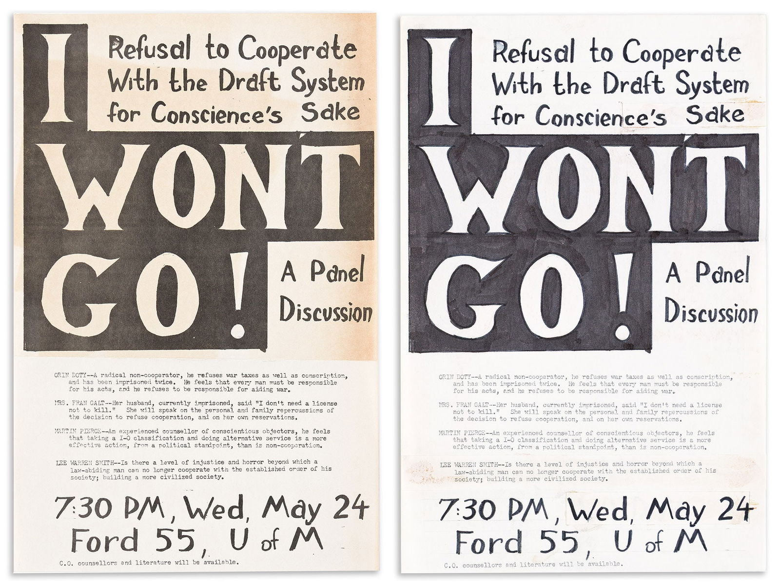 Group of conscientious objector, SDS, and related fliers collected or created by a University of (1 of 4)