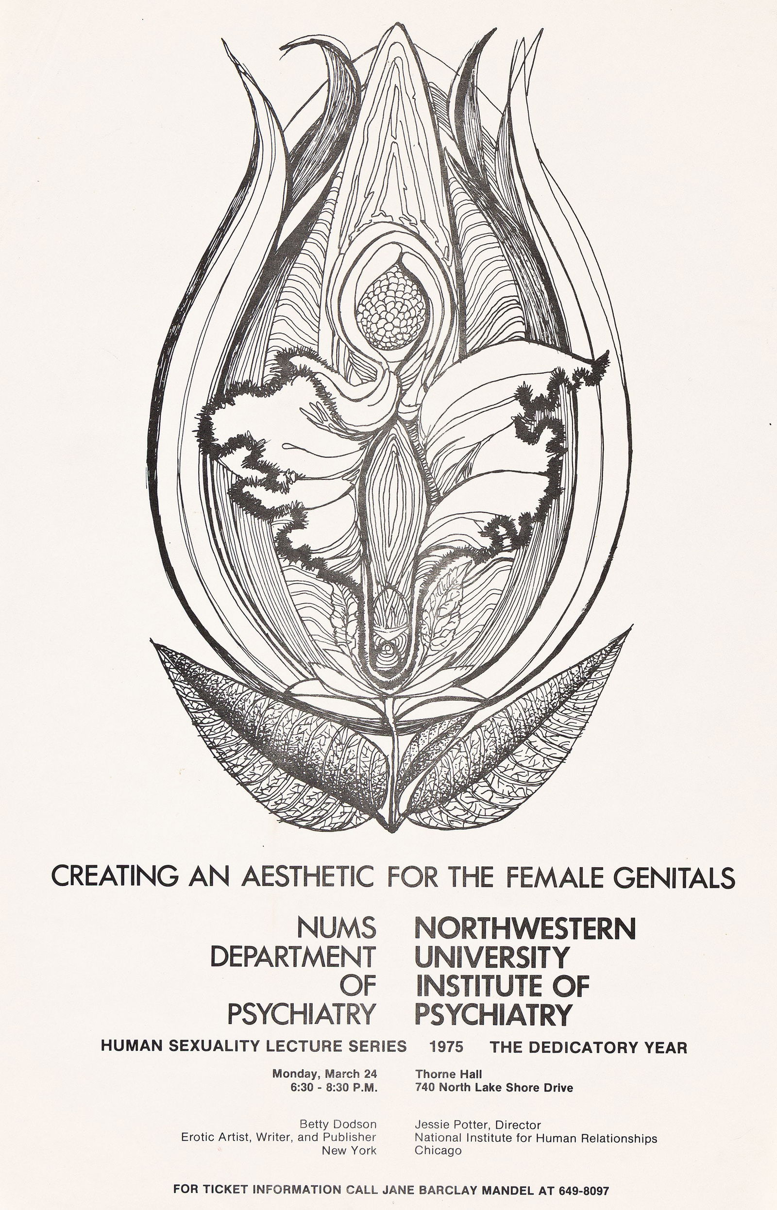 Creating an Aesthetic for the Female Genitals and "Festival of Lithographs and Altarpieces". Two: "Creating an Aesthetic for the Female Genitals" and "Festival of Lithographs and Altarpieces". 1969-1975.Offset lithograph flyers.Two flyers, one advertising a lecture with sex educator Betty Dodson,