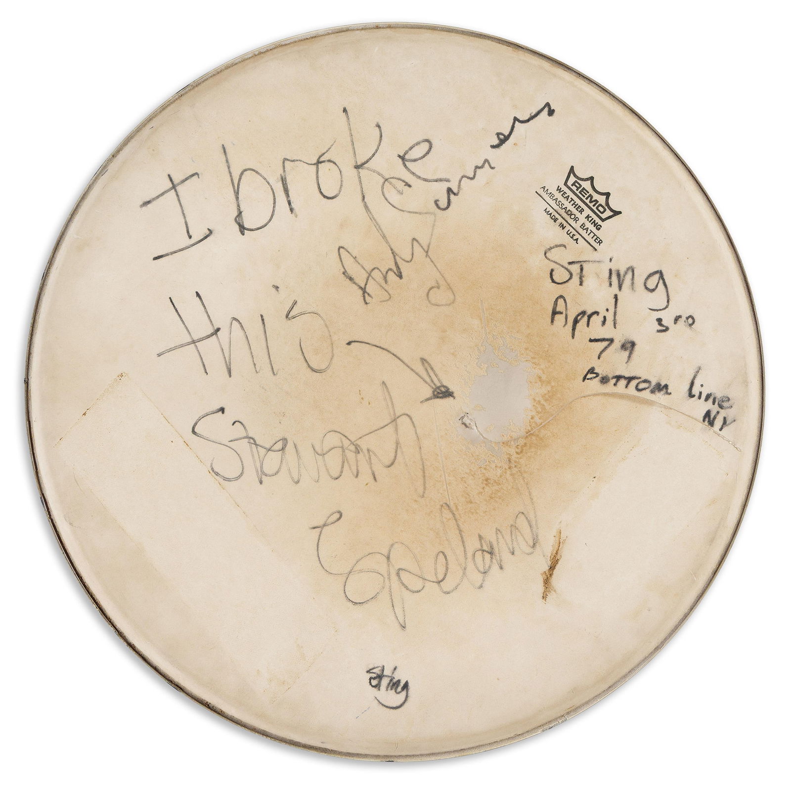 The Police, Remo 14" Weather King Ambassador Batter drumhead Signed, by each member of the band, (1 of 1)