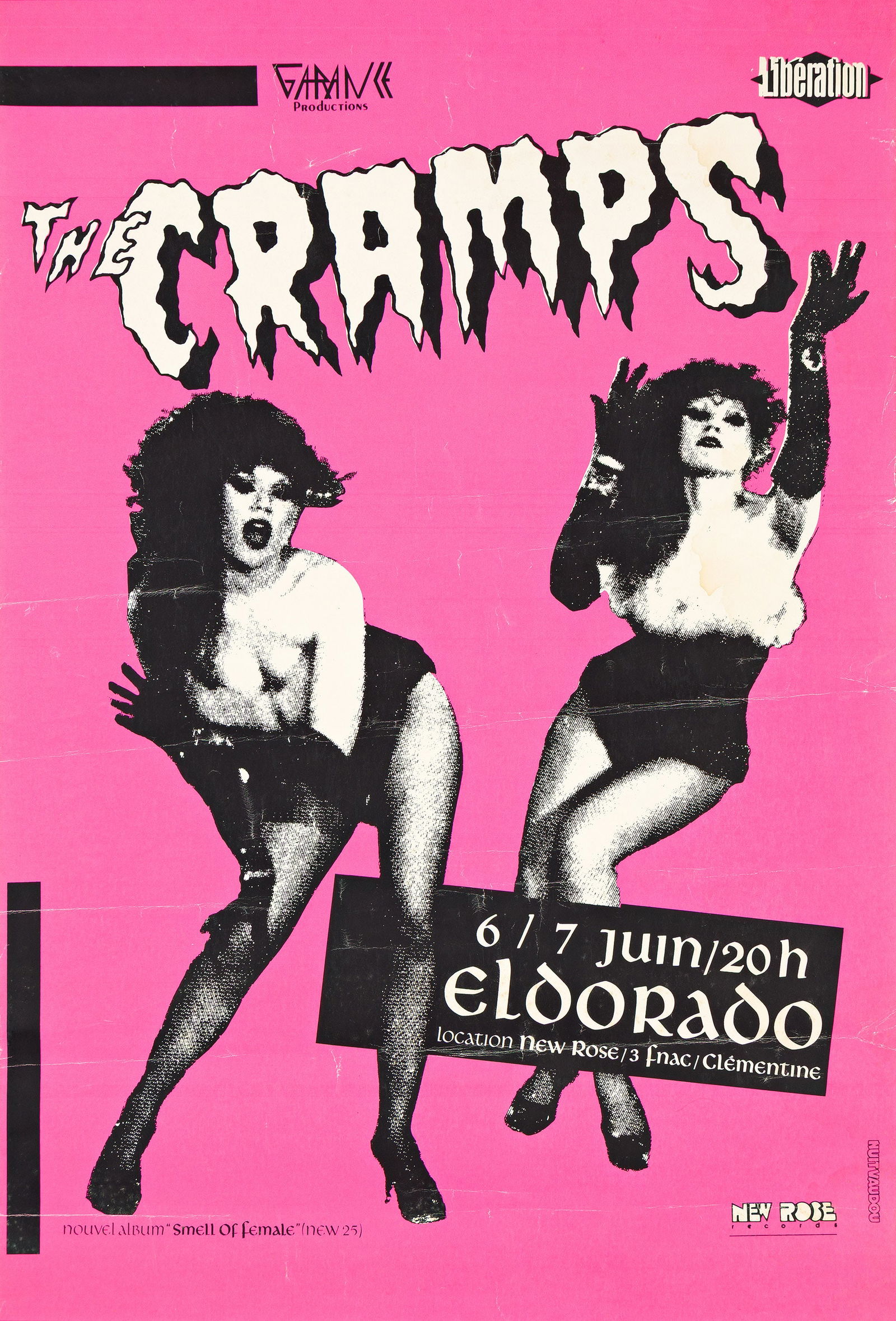 The Cramps, "Smell of Female" silkscreen tour poster. 1984.: Designer UnknownThe Cramps. "Smell of Female" tour poster. 1984.Silkscreen poster.Advertising two nights at Eldorado in Paris.Art of Rock, 4.265, p. 415.30 x 20 in. (76.2 x 50.8 cm.)