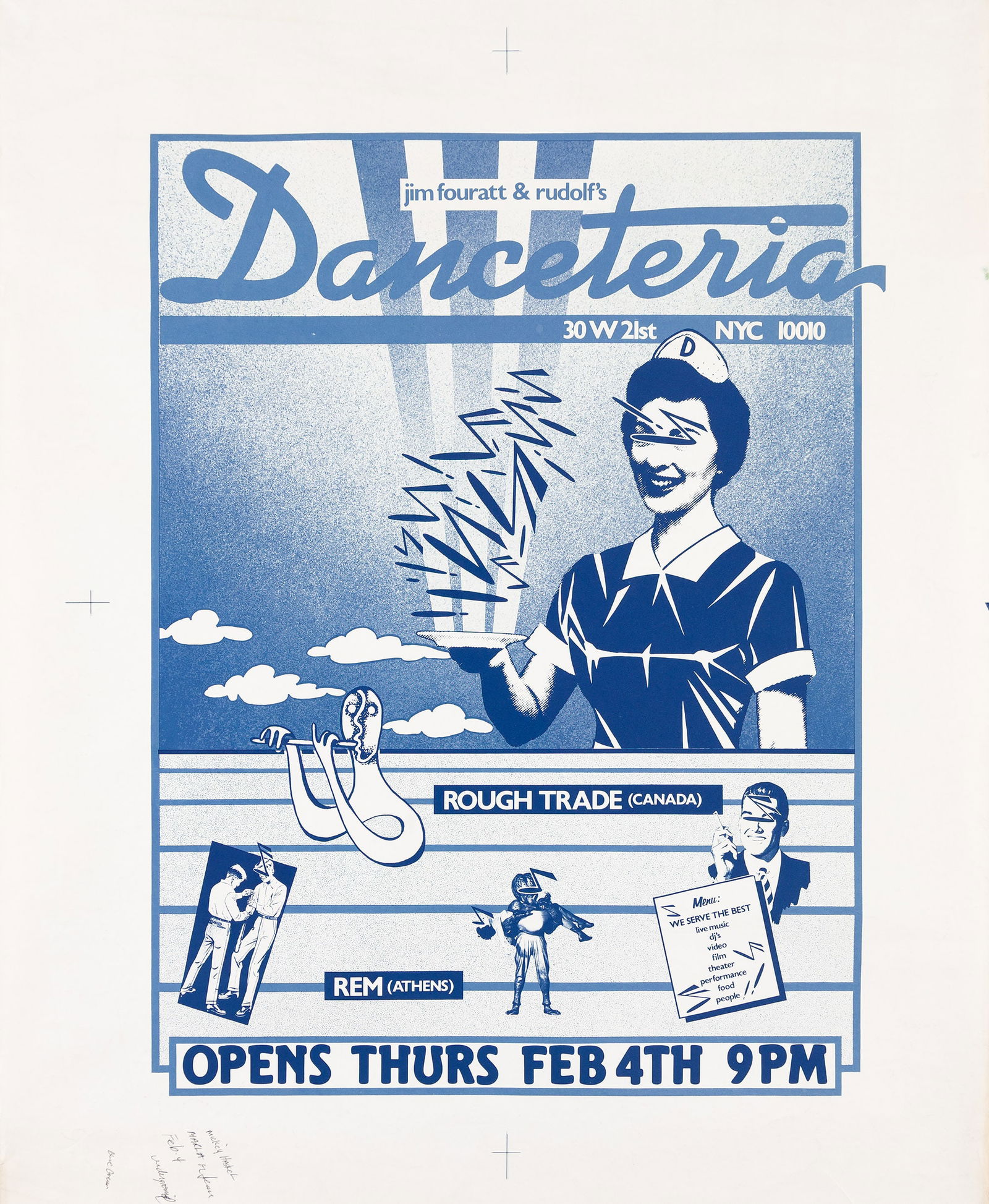 Unknown Artist, R.E.M. at Danceteria, Printer's proof. 1982.: Unknown ArtistR.E.M. at Danceteria, Printer's proof. 1982.Offset lithograph poster.An annotated printer's proof advertising opening night at Danceteria's iconic second location, featuring R.E.M.'s fir