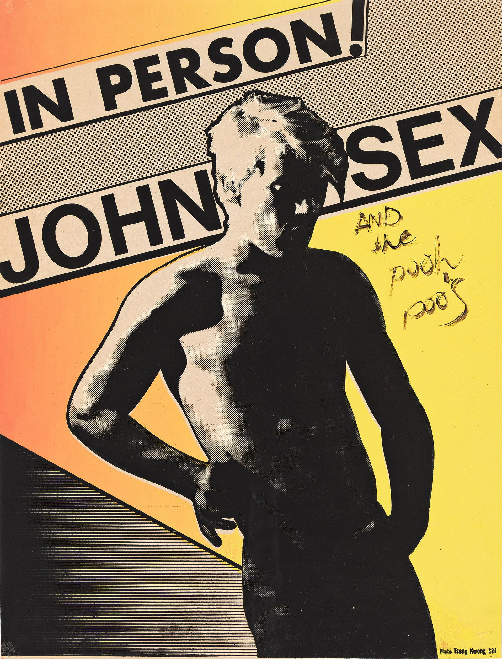 Tseng Kwon Chi, In Person! John Sex and the Pooh Poo's. Circa 1980s.: Tseng Kwon ChiIn Person! John Sex and the Pooh Poo's. Circa 1980s.Offset poster on newsprint.23 1/2 x 17 1/2 in. (59.7 x 44.5 cm.)