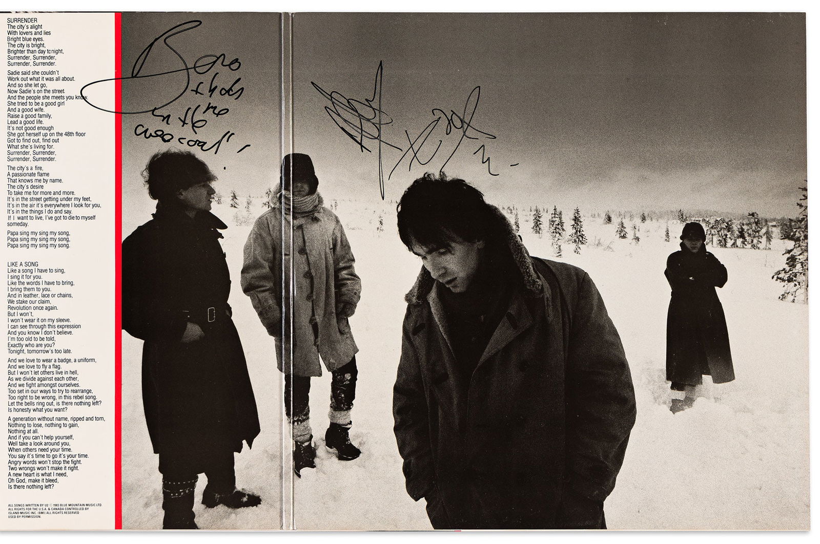 U2 War Long playing record cover, Signed by Bono, The Edge, and Adam Clayton ("AClayton") (1 of 1)