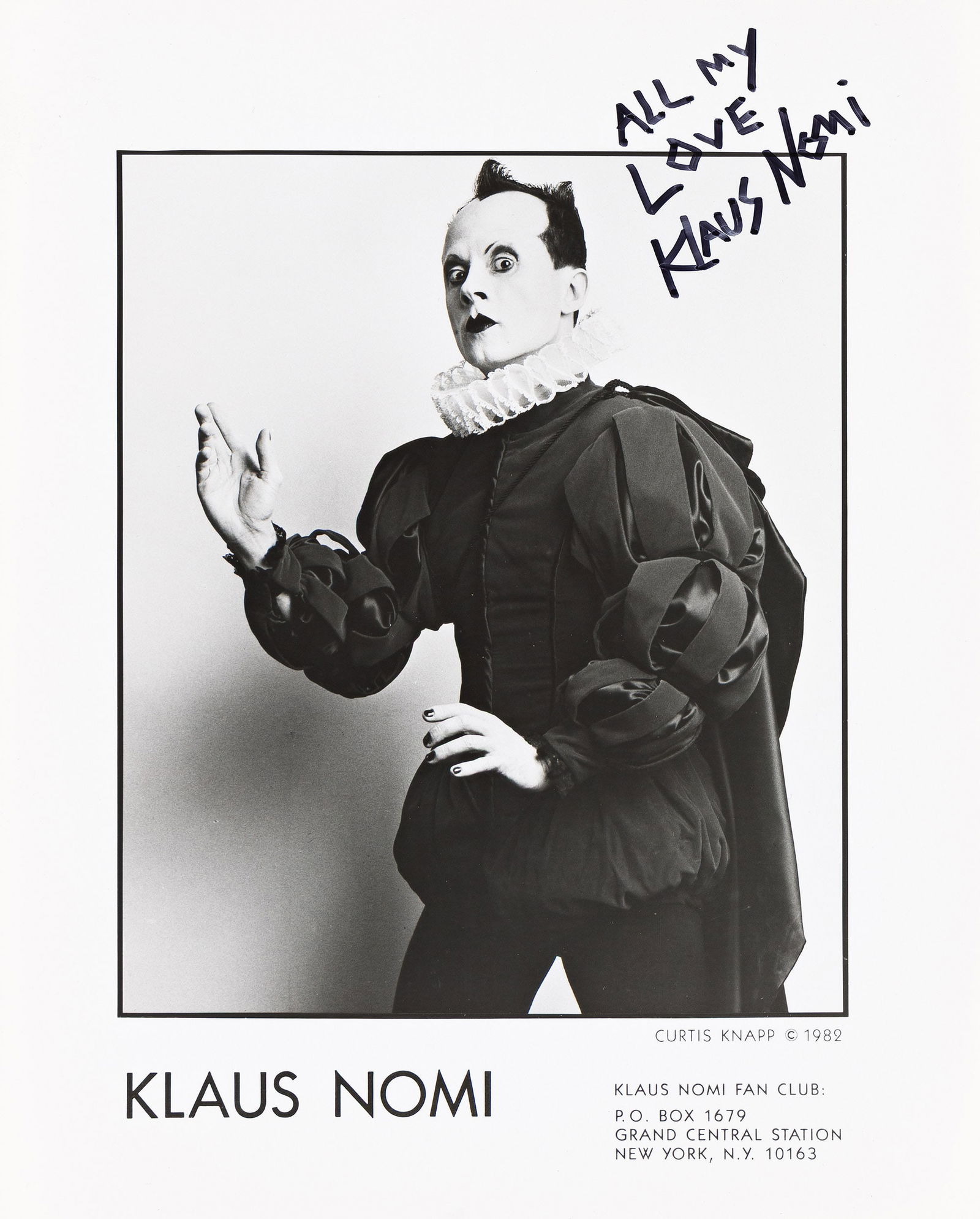 Klaus Nomi, Press Photograph Signed and Inscribed, "All My Love". 1983. (1 of 1)