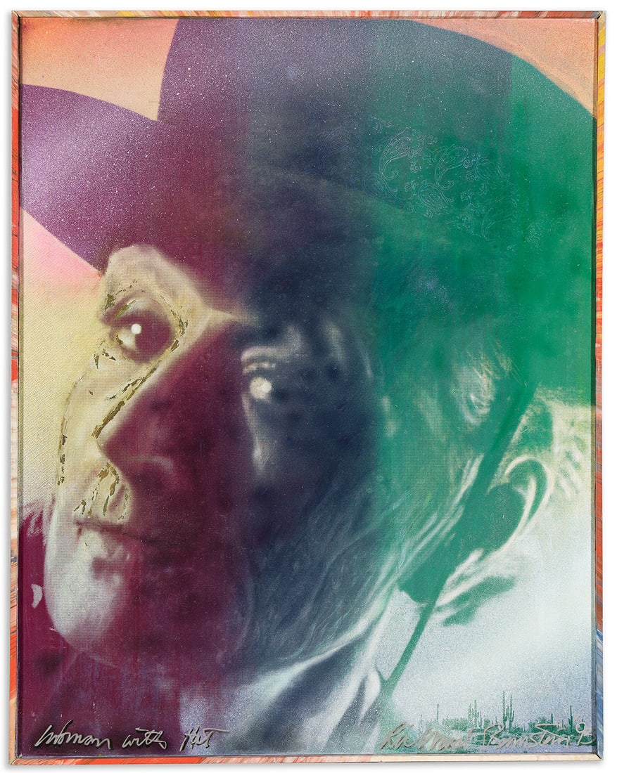 Richard Bernstein, Woman with Hat. 1993.: Richard Bernstein1939-2002Woman with Hat. 1993.Photoshrink, ink, acrylic, mixed media, computer generated image of Angelica Huston as Georgia O'Keefe on cotton canvas, 1993.Signed, titled and dated in