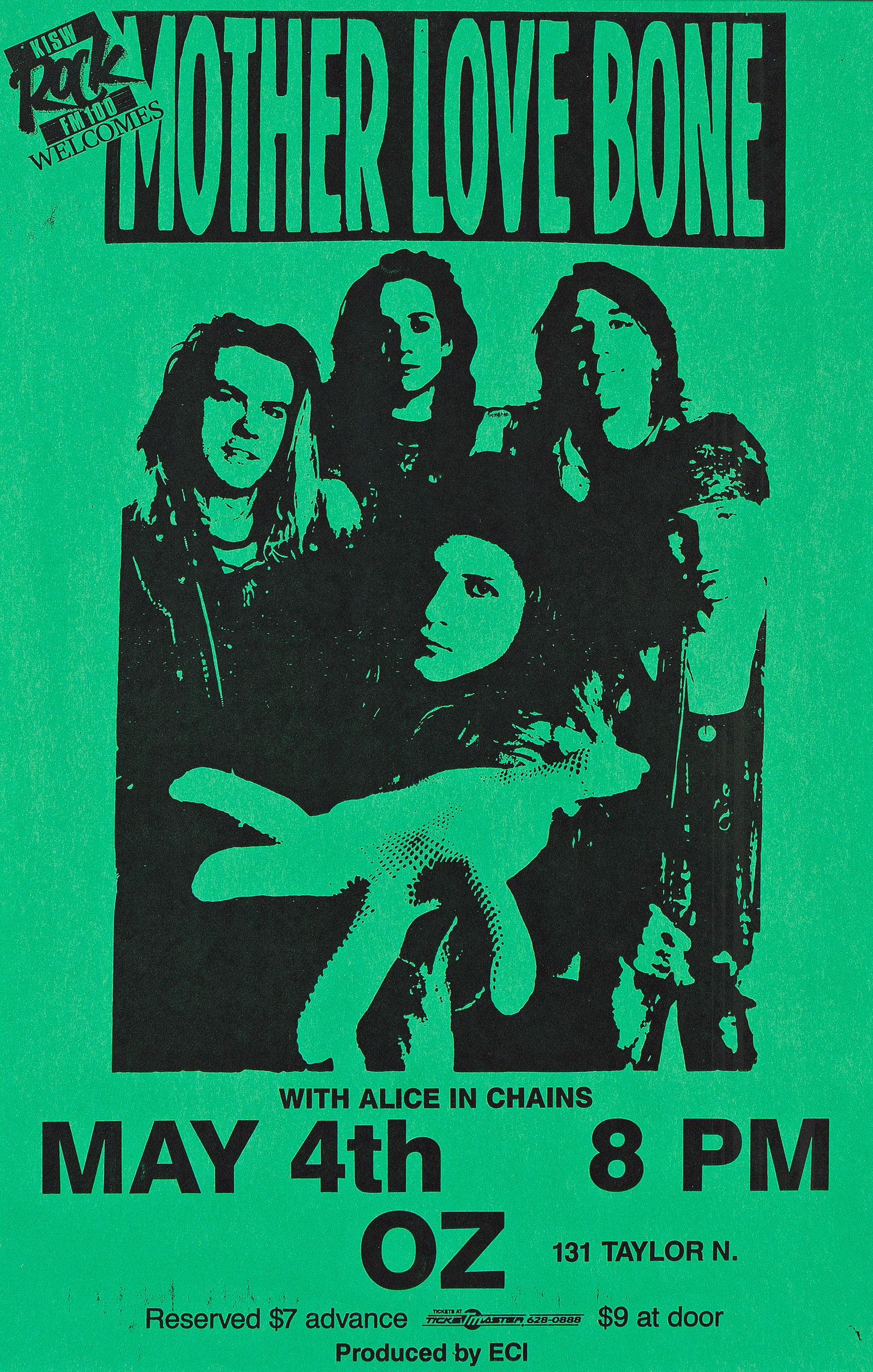 Mother Love Bone with Alice in Chains Flyers, Green and White. 1989. (1 of 2)