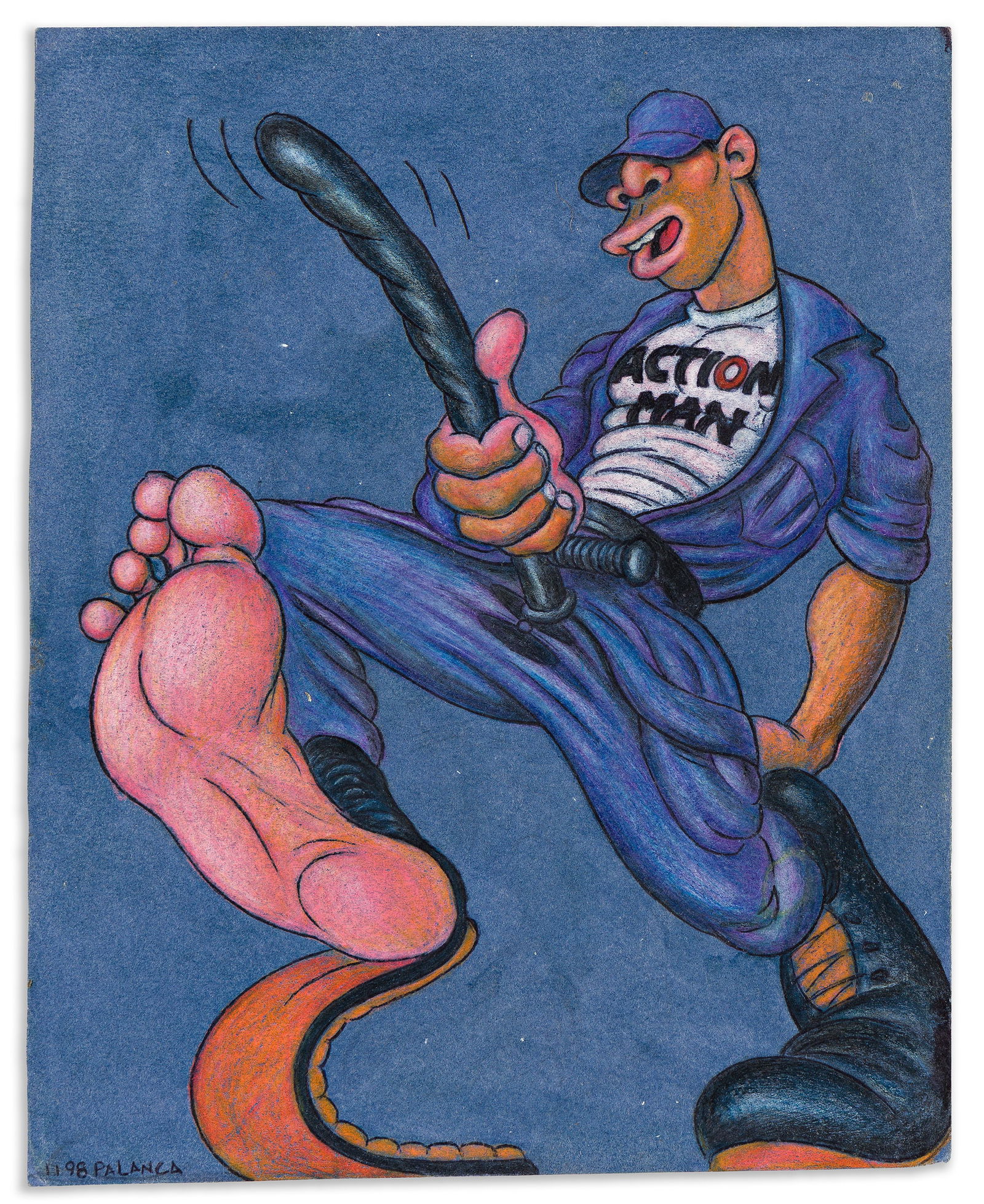 Pedro Palanca, Untitled (Action Man and Surfer). 1998.: Pedro Palanca1968-2014Untitled (Action Man and Surfer). 1998.Ink, colored pencil and pastel on blue Canson paper (double-sided).Signed and dated "11 98" in ink, lower left.8 x 6 1/4 in. (20.3 x 15.9 c