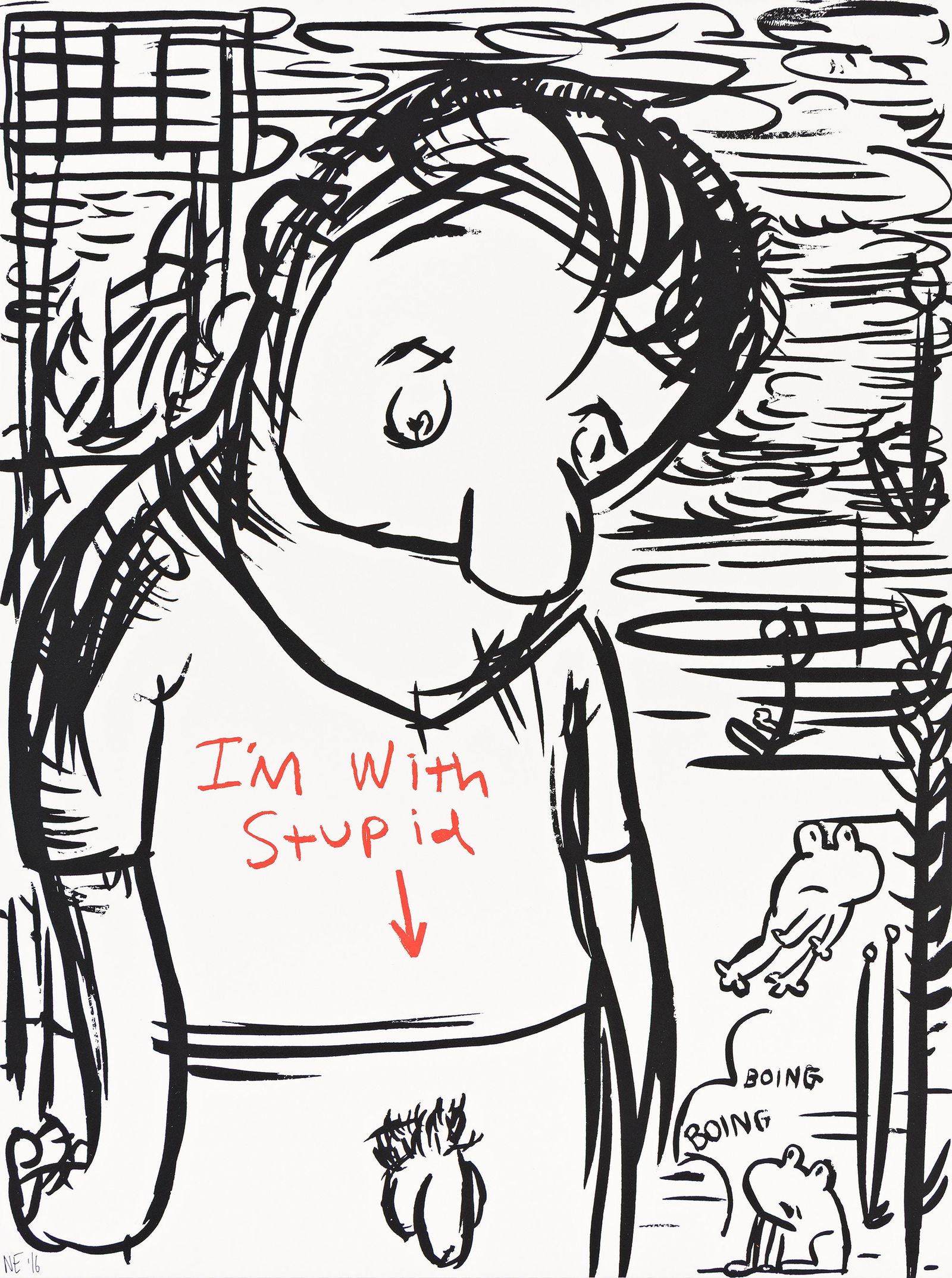 Nicole Eisenman, I'm with Stupid. 2016.: Nicole Eisenman1965-I'm with Stupid. 2016.Color screenprint.Edition of 200. Initialed and dated in ink, lower left recto. Published by New Museum, New York.20 x 15 in. (50.8 x 38.1 cm.)