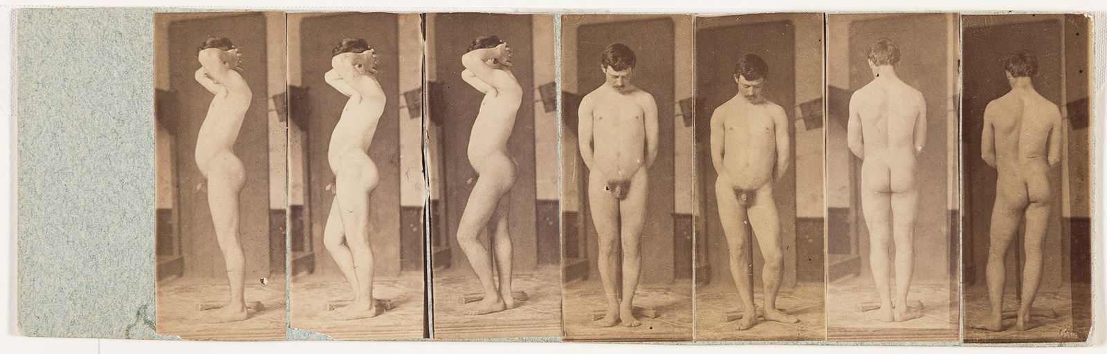 Thomas Eakins. Series of 7 photographs from the Naked Series, with a male nude figure. Circa 1883.: Thomas Eakins1844-1916Series of 7 photographs from the Naked Series, with a male nude figure. Circa 1883.Albumen printsWith the Olympia Galleries' notation "Eakins / Olympia Galleries, Ltd. / Philadel