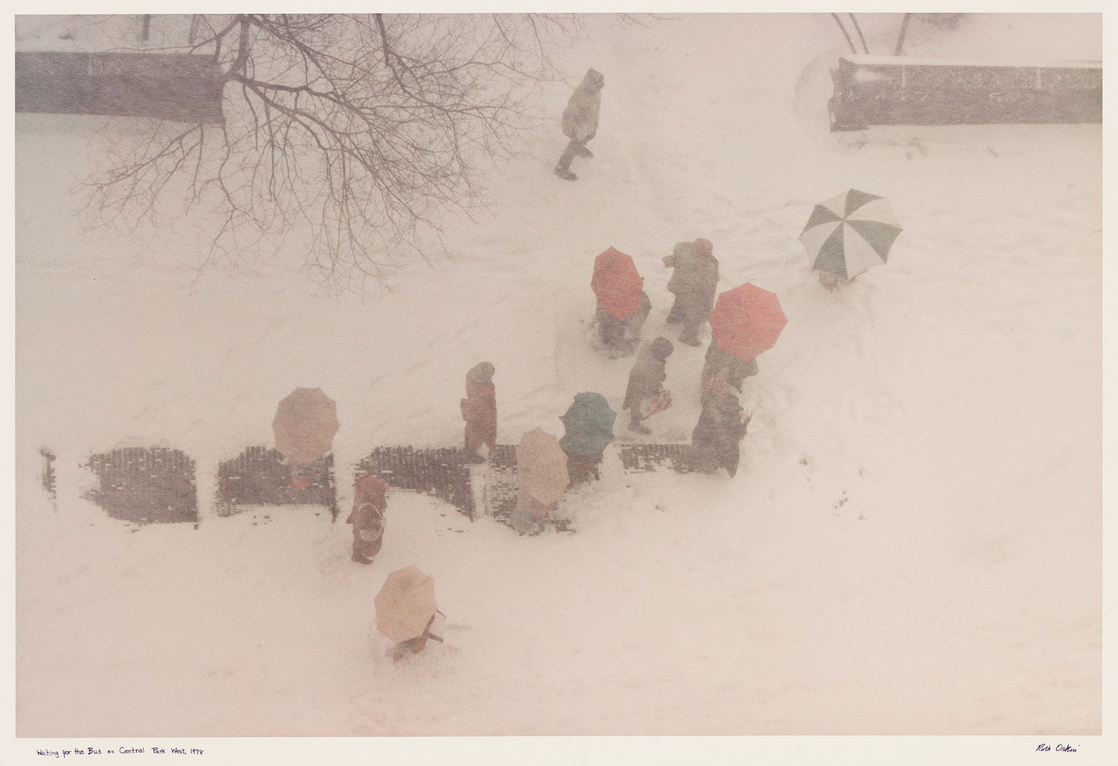 Ruth Orkin. Waiting for the bus on Central Park West. 1978; printed 1983.: Ruth Orkin1921-1985Waiting for the bus on Central Park West. 1978; printed 1983.Chromogenic printWith Orkin's signature, title, and negative date in ink on recto, and her signature, title, and negativ