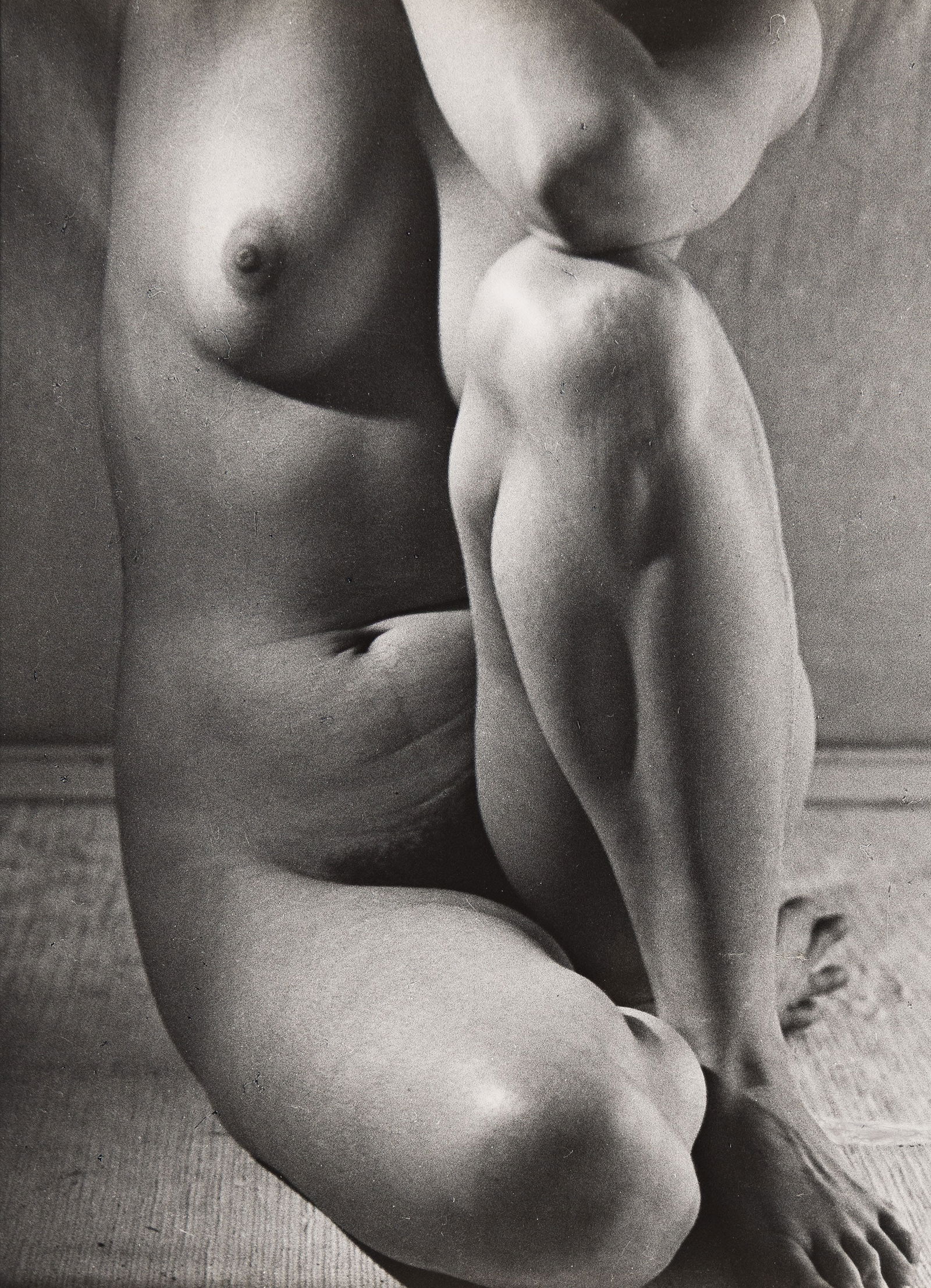 Ruth Bernhard. Nude, elbow on knee. Circa 1952.: Ruth Bernhard1905-2006Nude, elbow on knee. Circa 1952.Silver printWith Bernhard's San Francisco address credit stamp on verso.The image 9 3/8 x 7 in. (23.8 x 17.8 cm.)