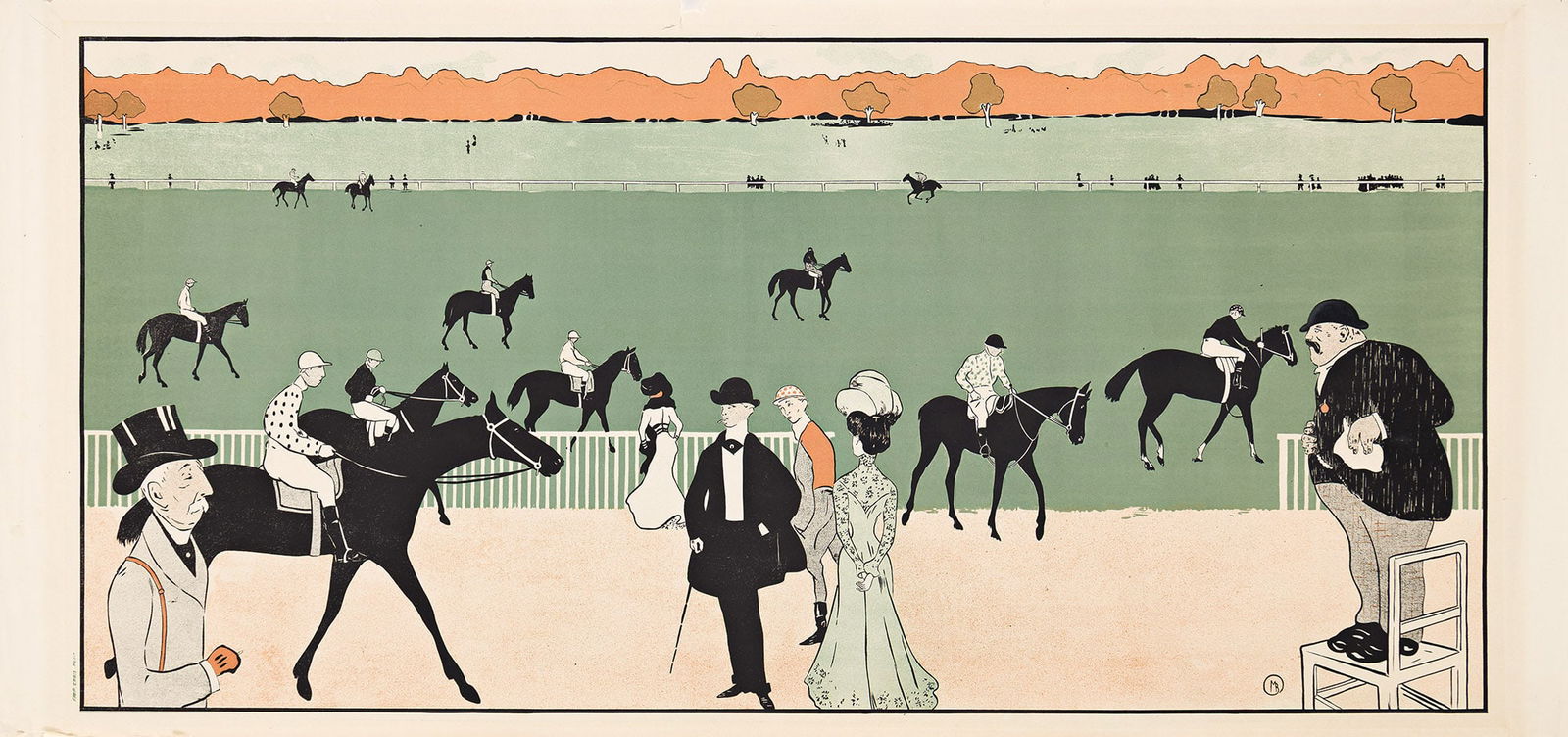 Maurice Biais, [Champs de Course]. Circa 1897.: Maurice Biais1860-1934[Champs de Course]. Circa 1897.Condition B+: tears, losses, creases and abrasions in margins; slight rippling in image. Paper.Here, much in the style of Sem (Georges Goursat), Bi