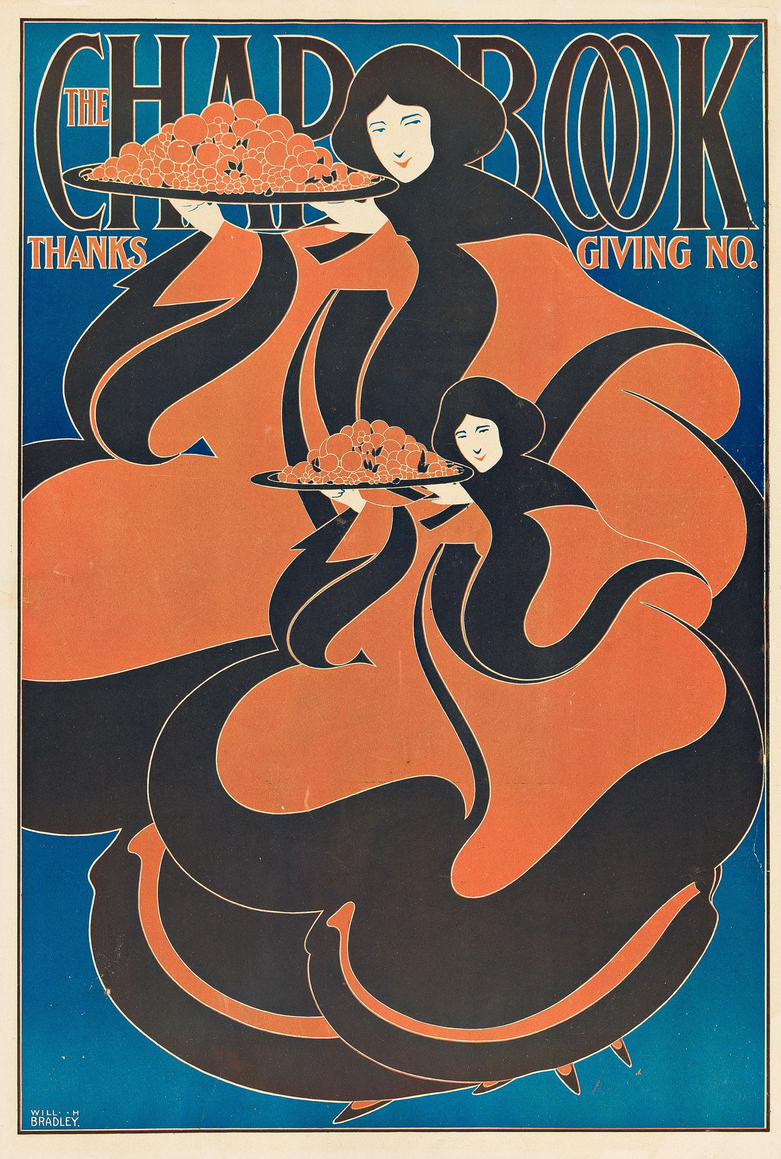 William H. Bradley,The Chap Book Thanksgiving No. 1895.: William H. Bradley1868-1962The Chap Book Thanksgiving No. 1895.Condition B+: replaced losses at upper corners; small repaired tears at edges; affixed to card; colors attenuated. Framed.Bradley, whose