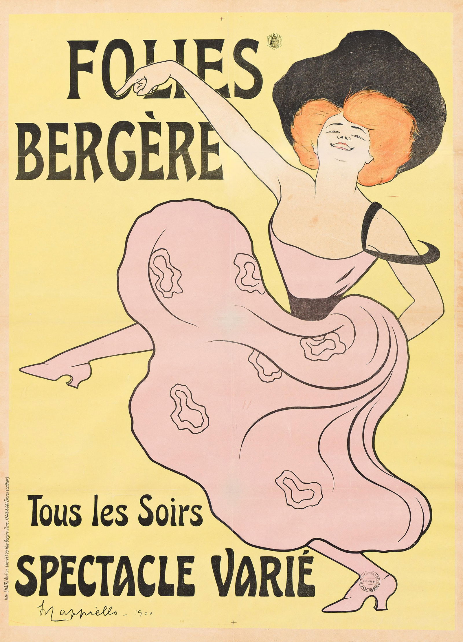 Leonetto Cappiello, Folies Bergère / Tous les Soirs Spectacle Varié. 1900.: Leonetto Cappiello1875-1942Folies Bergère / Tous les Soirs Spectacle Varié. 1900.Condition B: replaced losses with overpainting and reinforcements on verso in image and at folds; repaired te