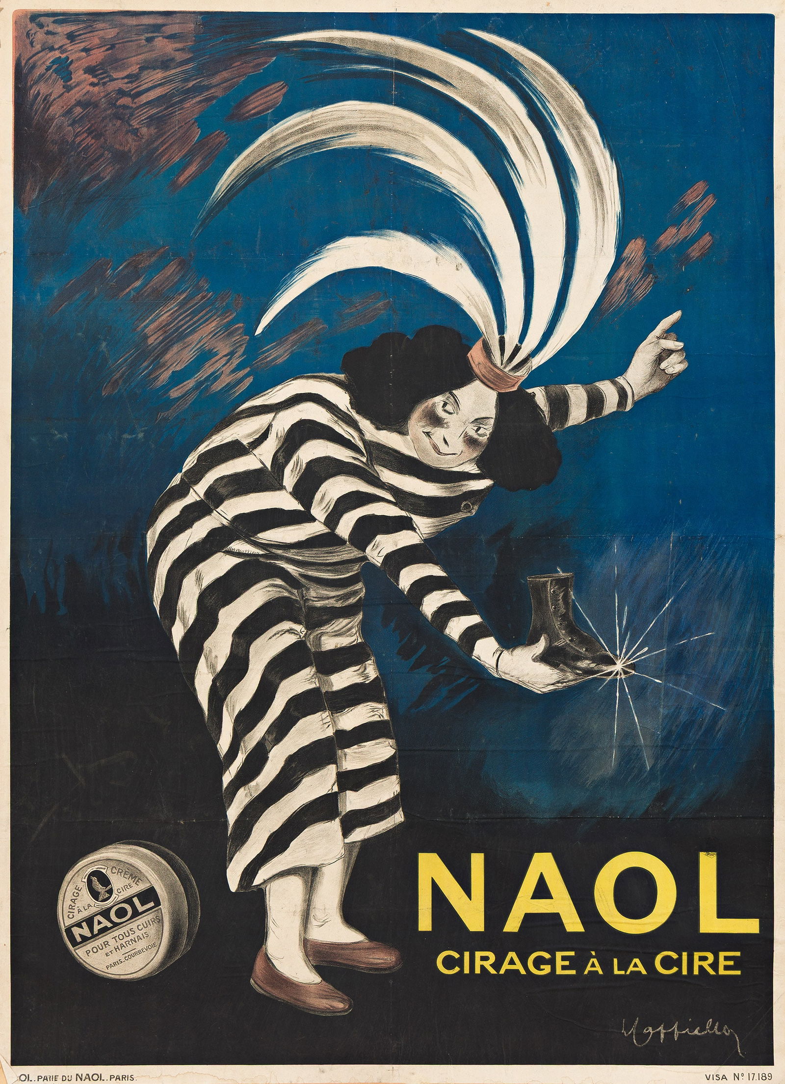 Leonetto Cappiello, Naol Cirage a la Cire. 1919.: Leonetto Cappiello1875-1942Naol Cirage à la Cire. 1919.Condition B: extensive wrinkling and creases in margins and image; minor tears at edges; creases and abrasions in margins and along vertical