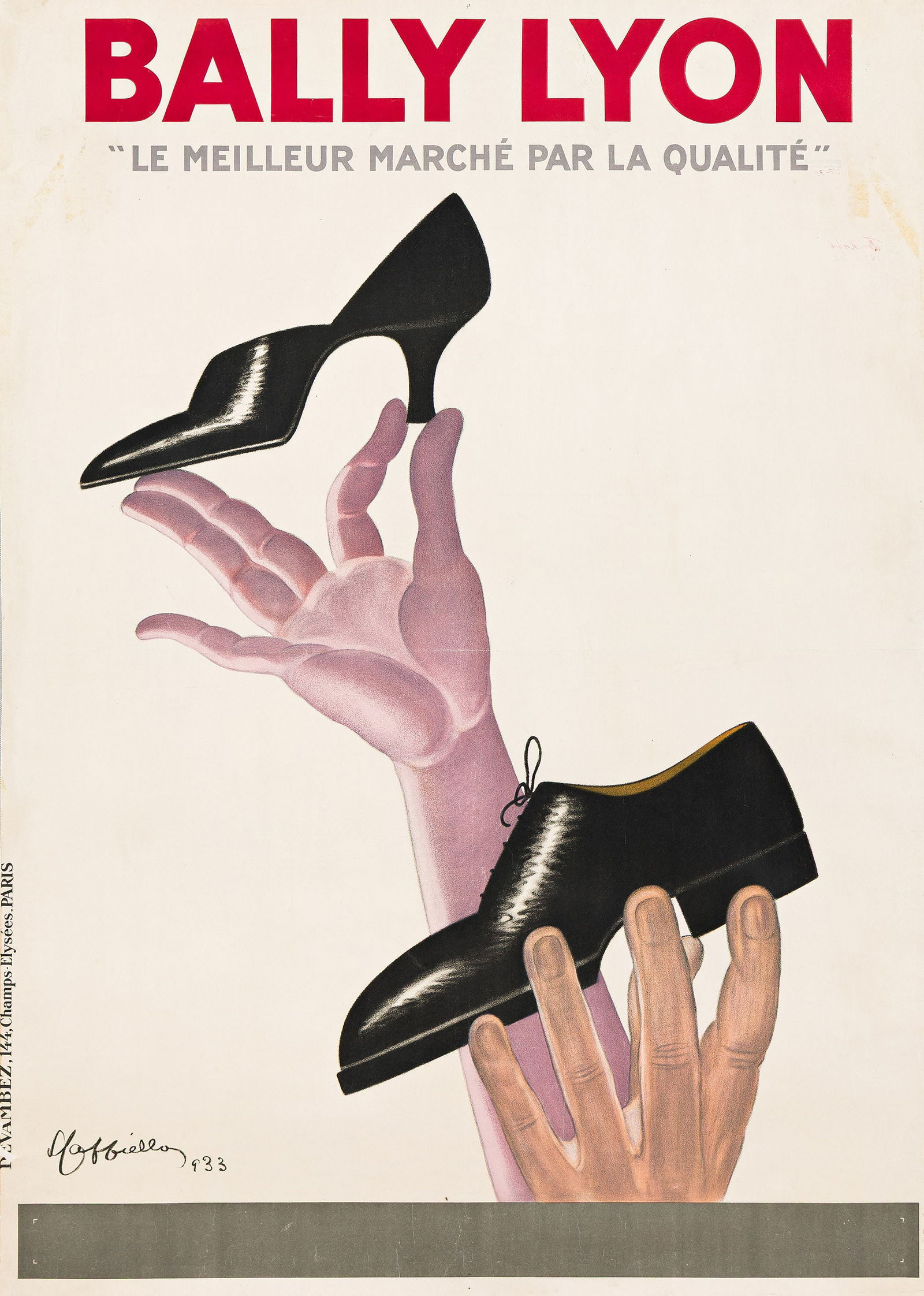 Leonetto Cappiello, Bally Lyon. 1933.: Leonetto Cappiello1875-1942Bally Lyon. 1933.Condition B+: small losses at edges; repaired tears, creases and abrasions in margins and image; horizontal fold; tape stains and errant notation in upper i