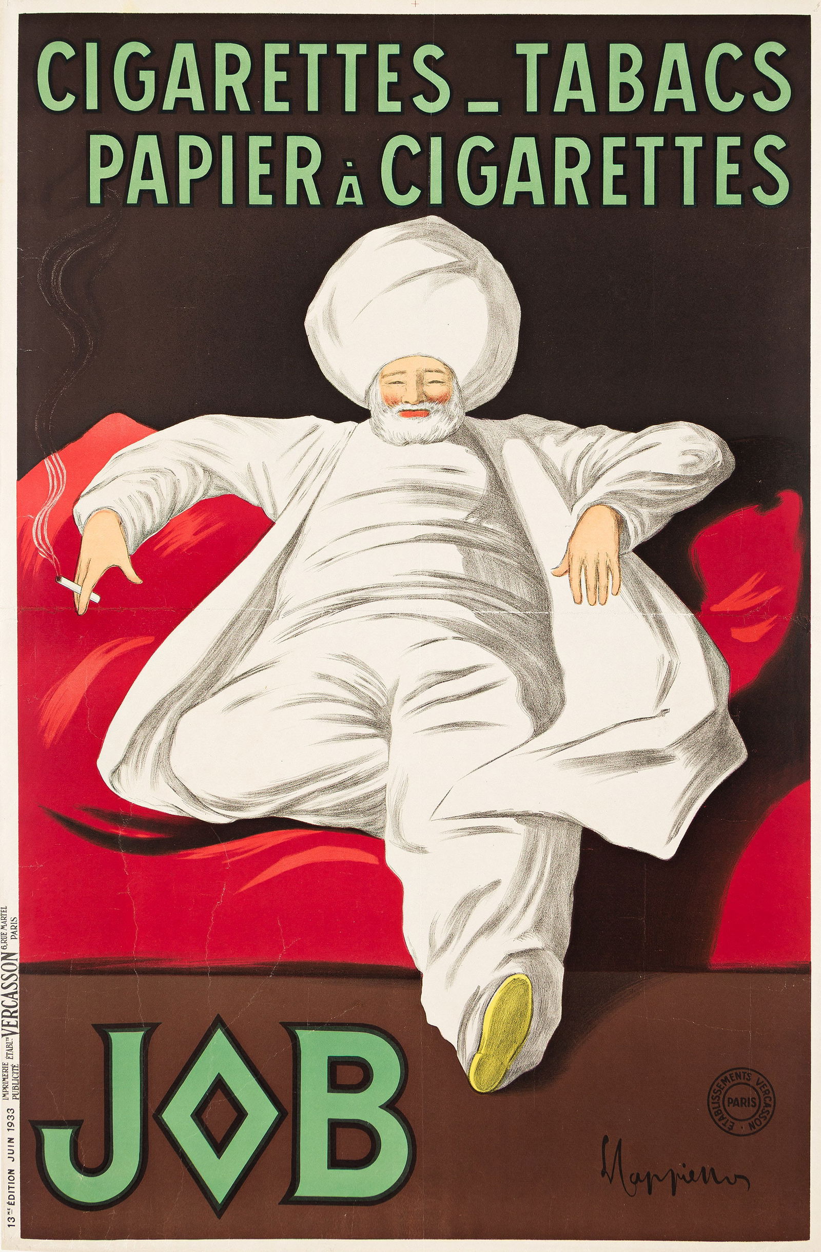 Leonetto Cappiello, Job. 1933.: Leonetto Cappiello1875-1942Job. 1933.Condition B+: creases and abrasions in margins and image and along vertical and horizontal folds; restoration along folds; repaired pin holes in corners.This is th