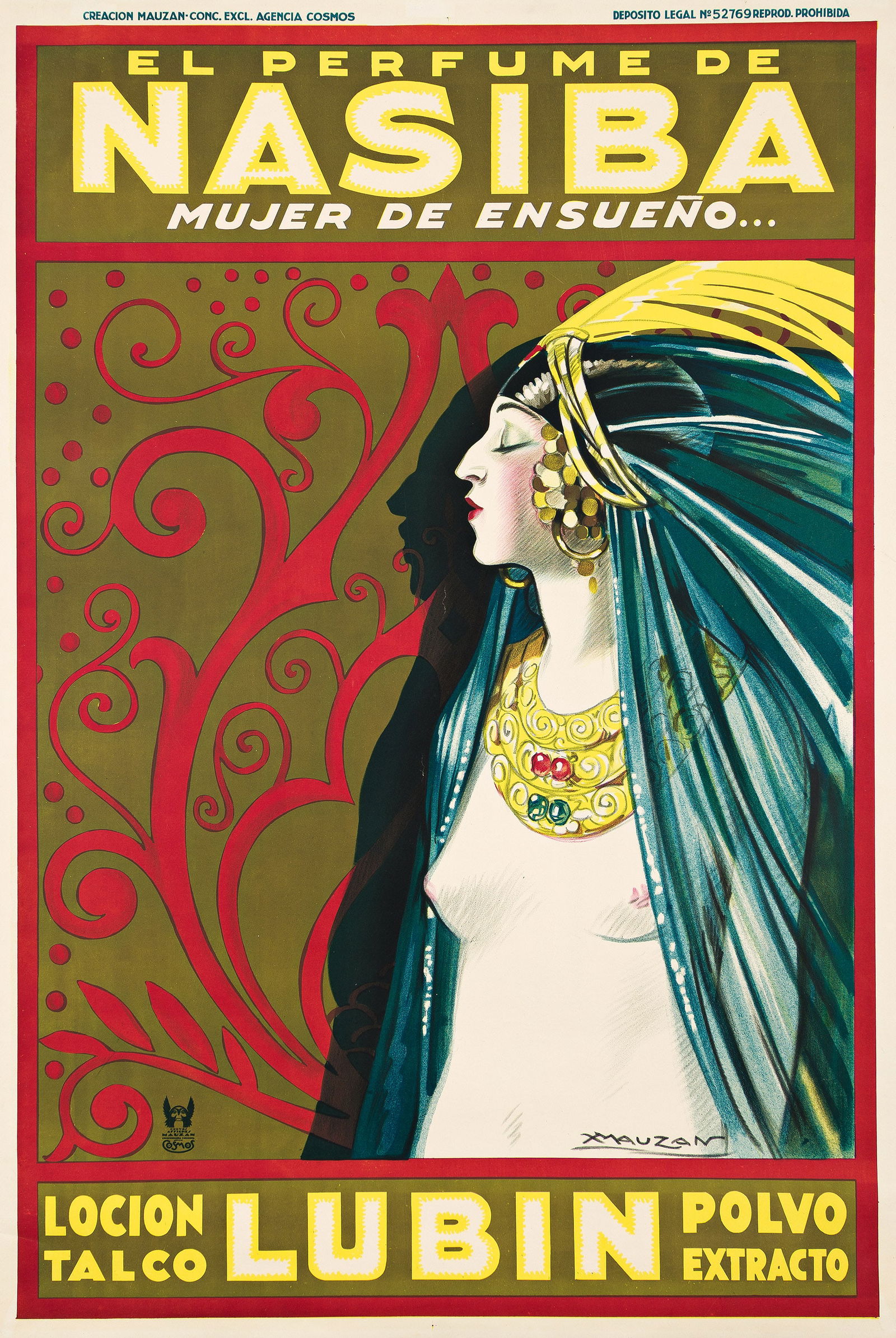 Achille Lucien Mauzan, 1883-1952, El Perfume de Nasiba. 1930., 43¼x29¼ inches, 110x74¼: Achille Lucien Mauzan1883-1952El Perfume de Nasiba. 1930.Condition A / A-: slight unobtrusive discoloration in margins; minor creases in image.This is the smaller of two sizes.Mauzan A397.