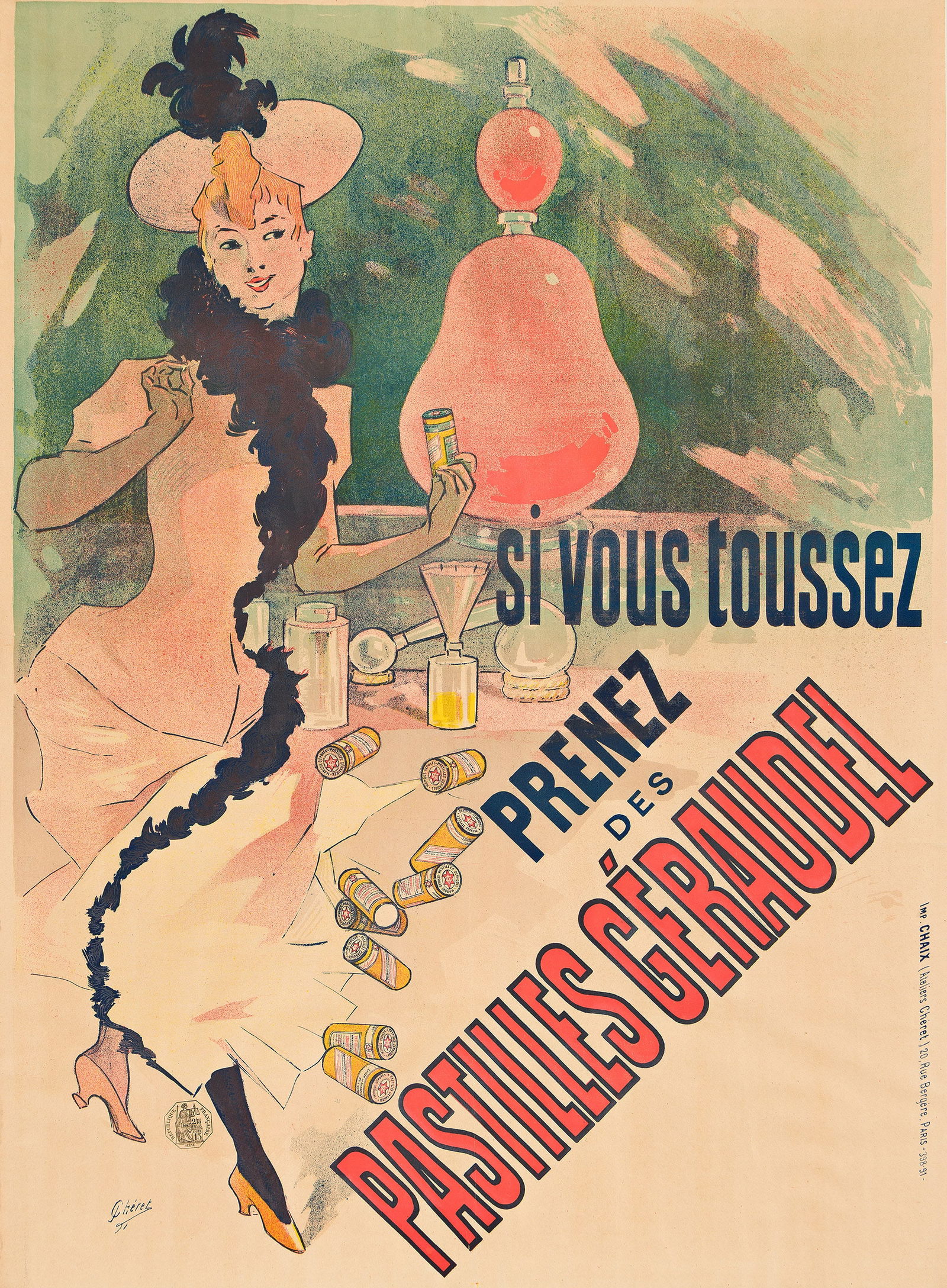 Jules Chéret, Si Vous Toussez / Prenez des Pastilles Géraudel. 1891.: Jules Chéret1836-1932Si Vous Toussez / Prenez des Pastilles Géraudel. 1891.Condition A-: rippling in image; minor crease along horizontal fold. Matted and framed.Broido 895, Cheret 1166, DFP