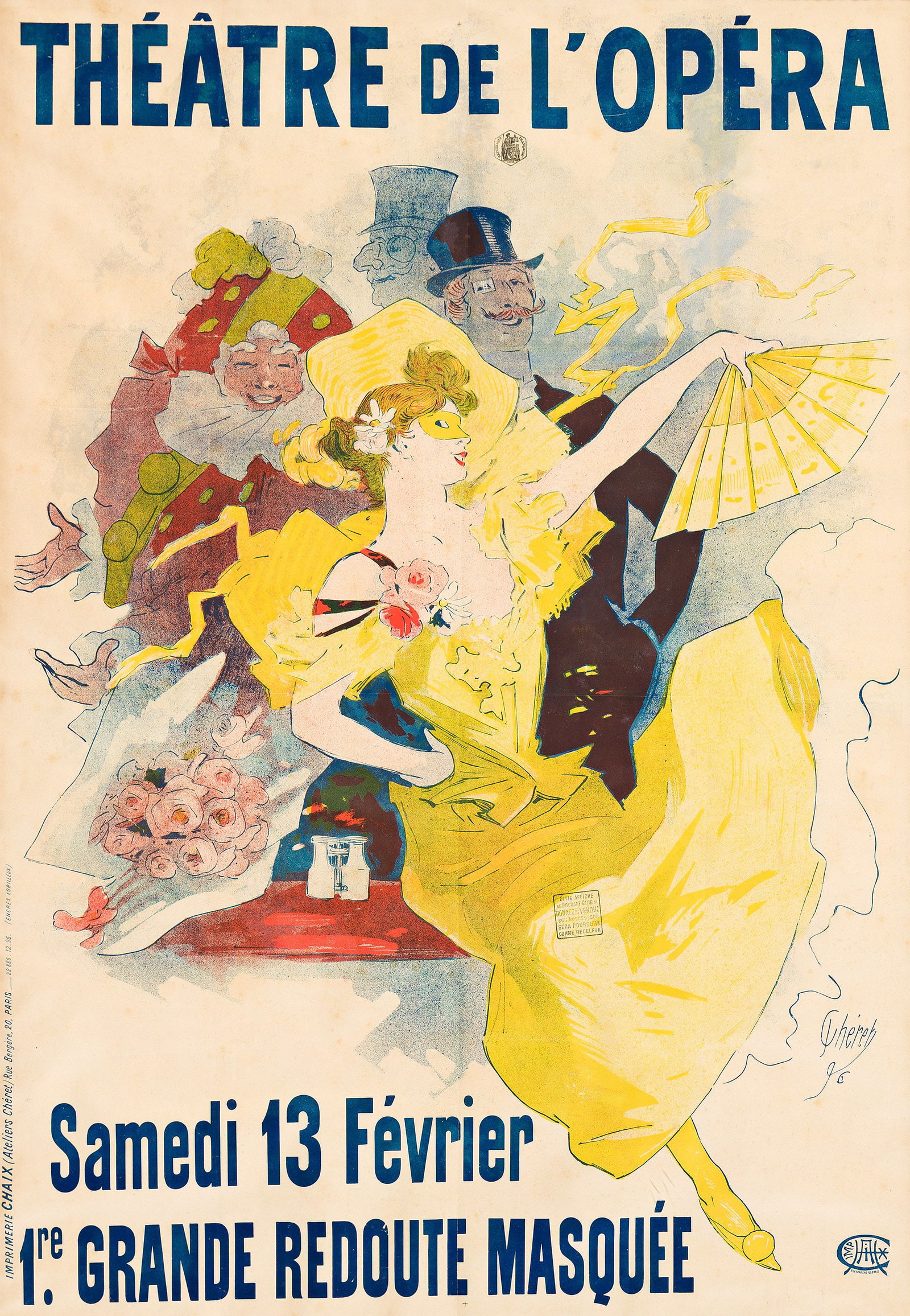 Jules Chéret, Théâtre de l'Opéra / 1re Grande Redoute Masquée. 1896.: Jules Chéret1836-1932Théâtre de l'Opéra / 1re Grande Redoute Masquée. 1896.Condition B+: repaired tears, creases and restoration in margins and image and along vertical and ho