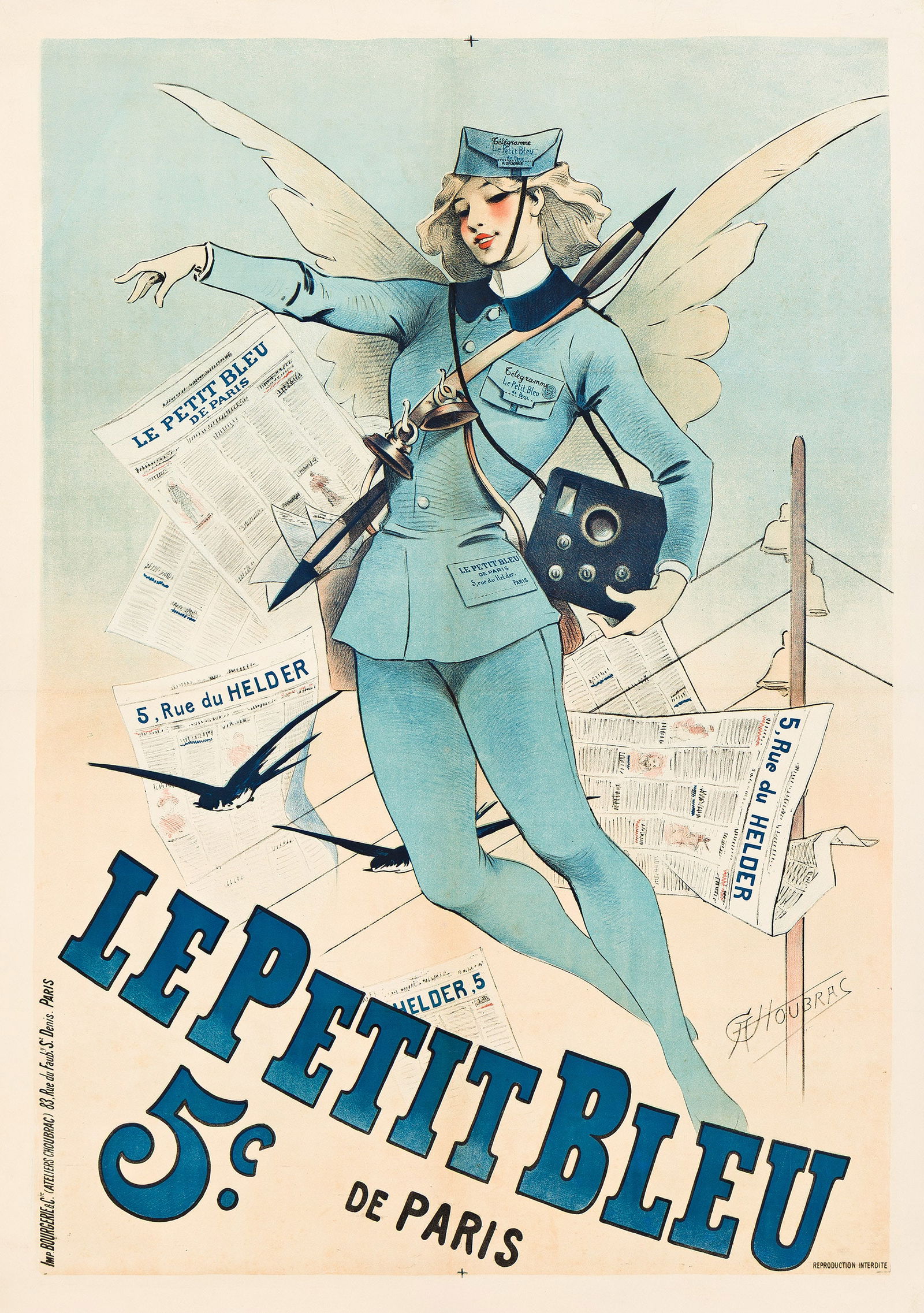 Alfred Choubrac, Le Petit Bleu De Paris. 1898.: Alfred Choubrac1853-1902Le Petit Bleu De Paris. 1898.Condition B+: abrasions, repaired tears and restoration in margins; slight overpainting in image along repaired tears and vertical and horizontal f