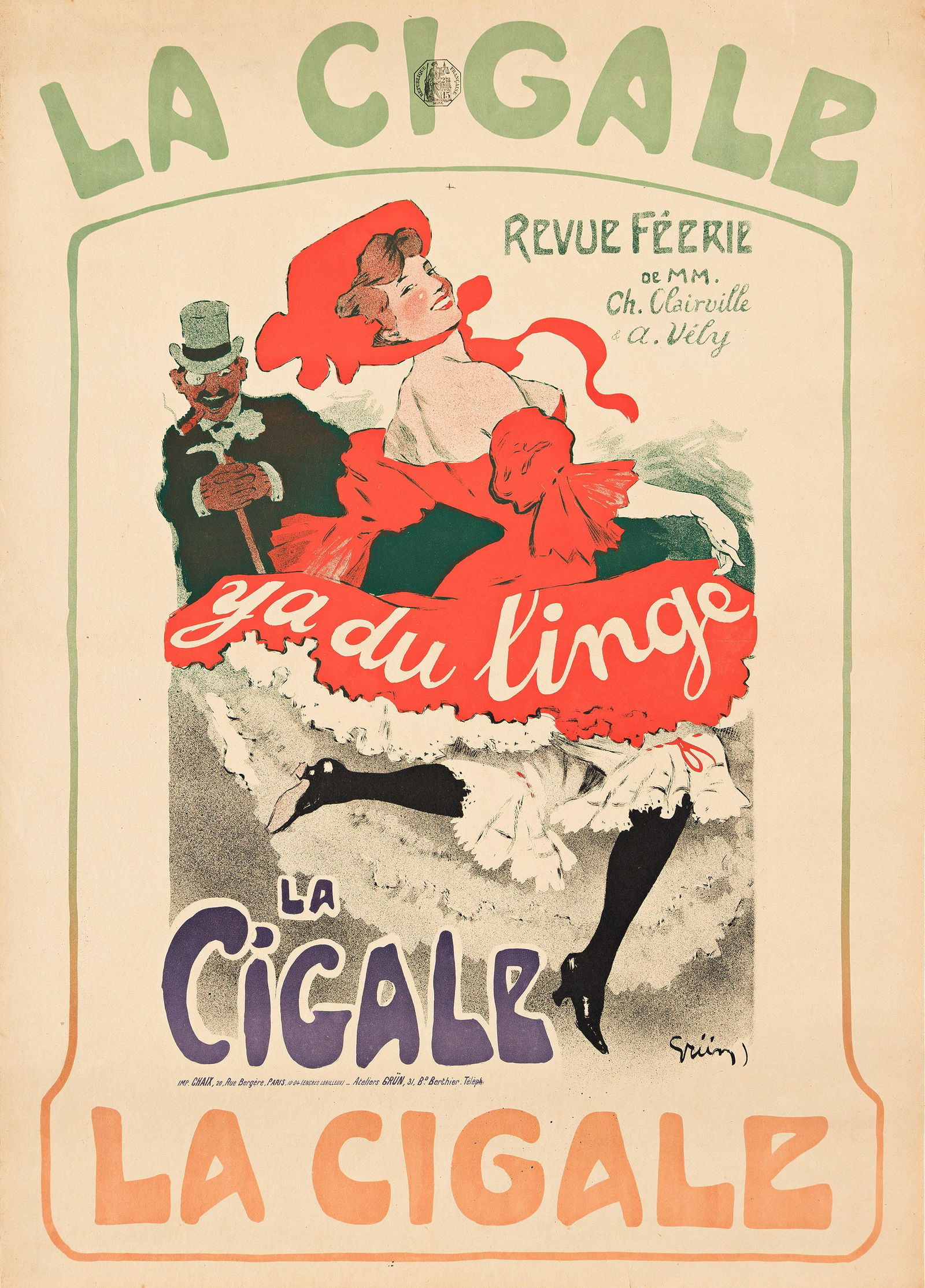 Jules-Alexandre Grün, La Cigale / Ya Du Linge. 1904.: Jules-Alexandre Grün1868-1938La Cigale / Ya Du Linge. 1904.Condition A-: minor creases, repaired tears and foxing in margins.This is a previously unrecorded variant. Grün p. 53 (var).32½