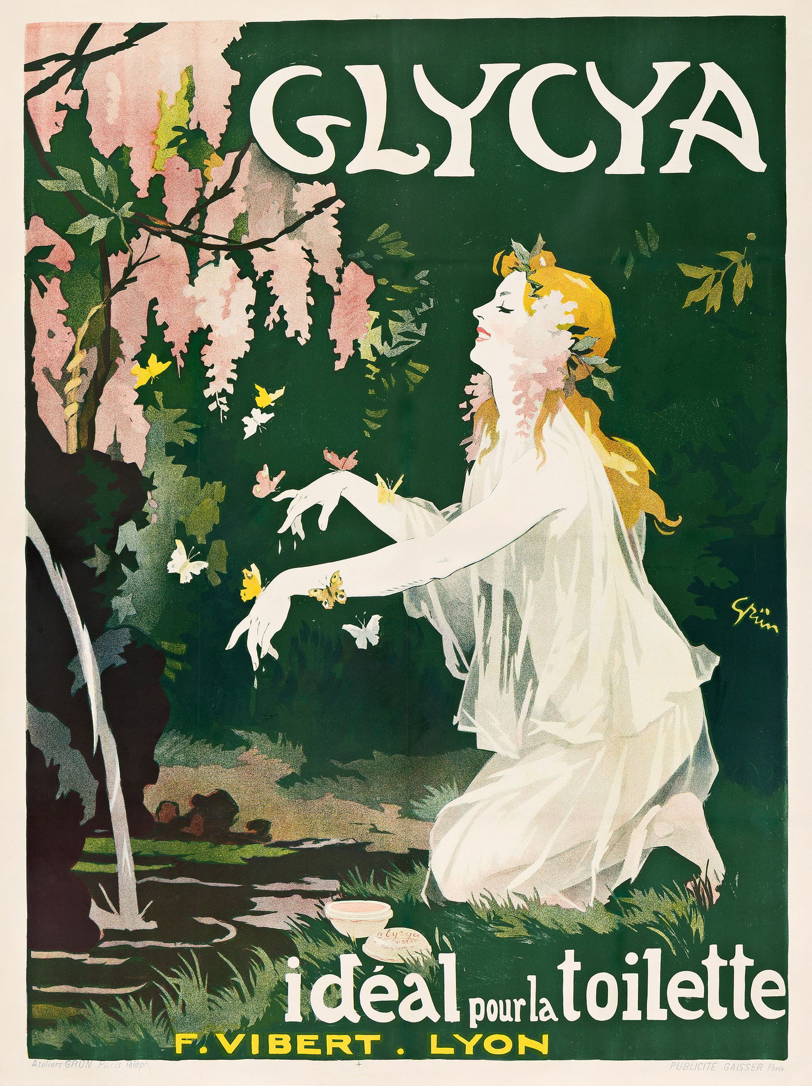Jules-Alexandre Grün, Glycya. 1905.: Jules-Alexandre Grün1868-1938Glycya. 1905.Condition A-: creases and overpainting in image and along horizontal and vertical folds."This is a delightful scene . . . halfway between graphical art a