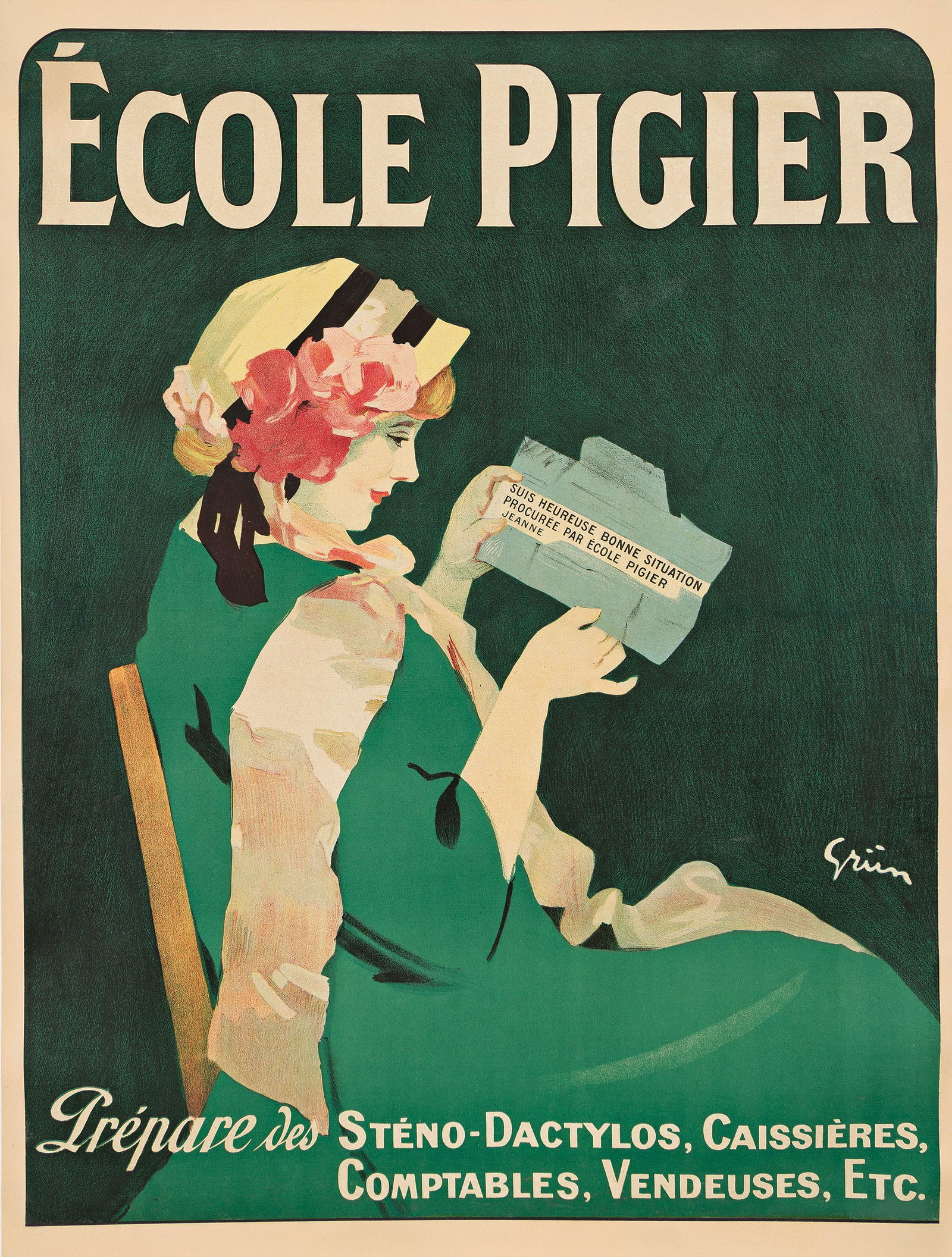 Jules-Alexandre Grün, École Pigier. Circa 1905.: Jules-Alexandre Grün1868-1938École Pigier. Circa 1905.Condition A-: repaired tear at right edge; creases and overpainting in image and along horizontal and vertical folds."In 1850 Gervais Pi