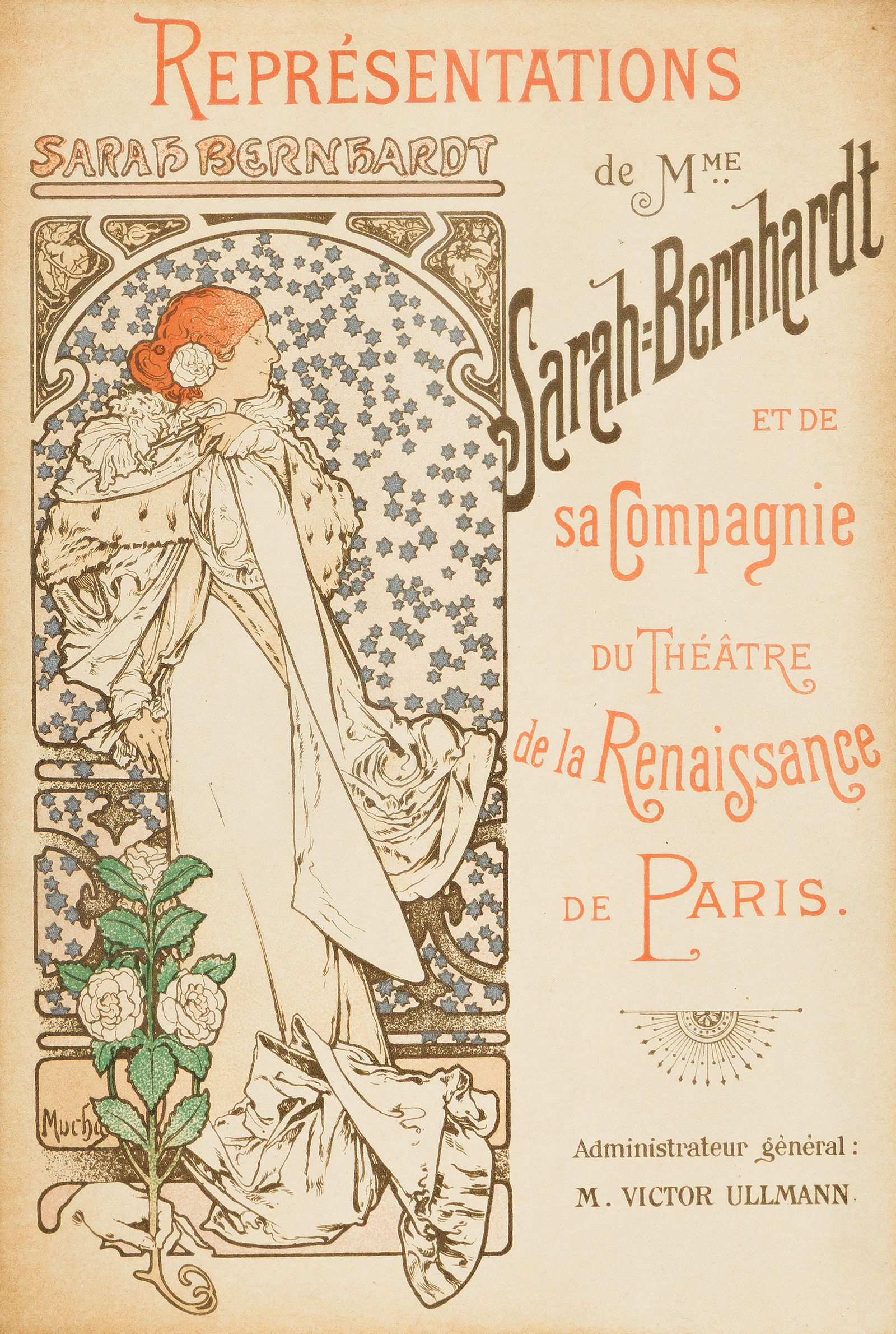 Alphonse Mucha, Sarah Bernhardt / [La Dame aux Camelias]. Theater program cover. Circa 1896.: Alphonse Mucha1860-1939Sarah Bernhardt / [La Dame aux Camelias]. Theater program cover. Circa 1896.Condition A-: slight time-staining in margins. Mounted to metallic paper. Matted and framed.7¾x5