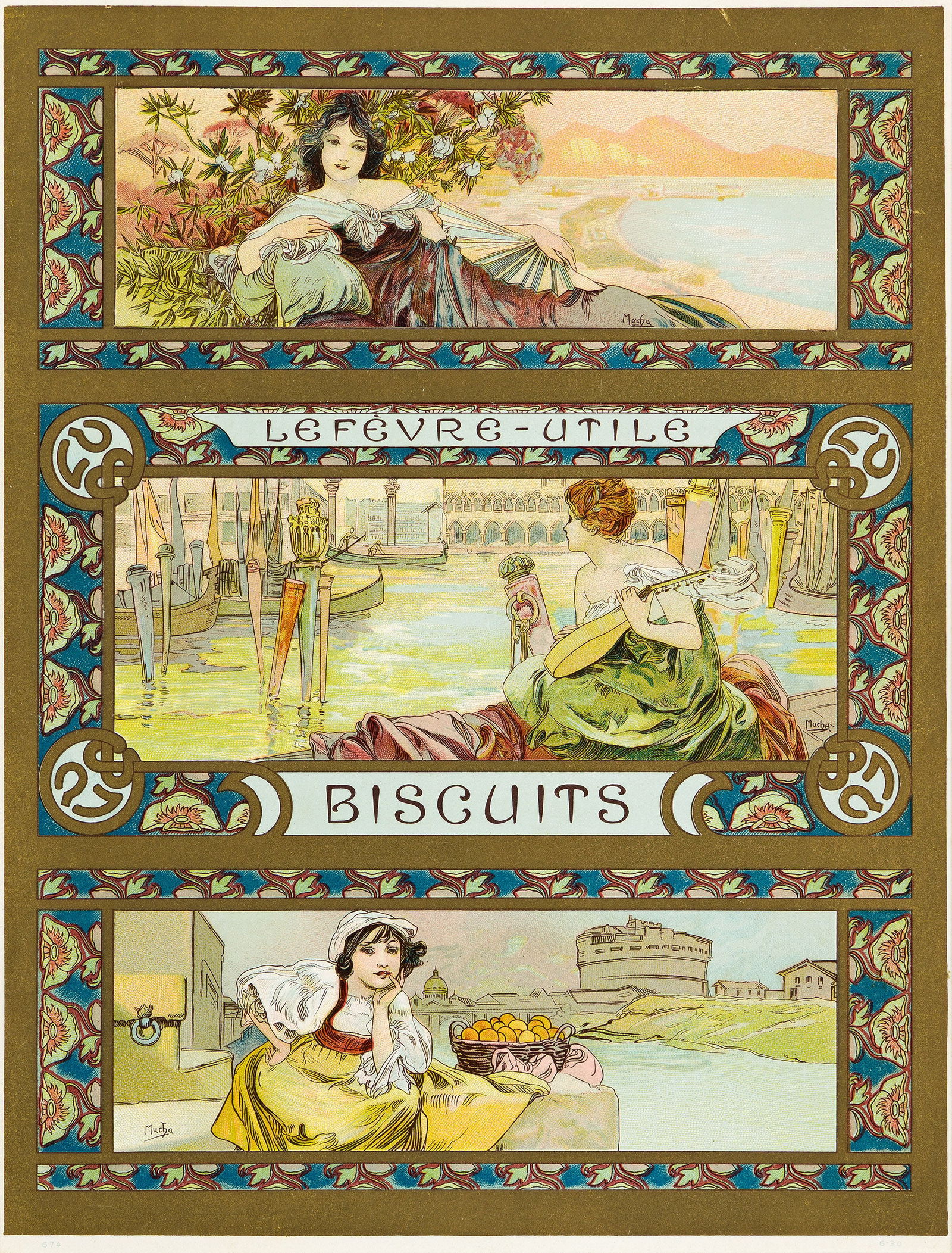 Alphonse Mucha, Lefèvre - Utile / Biscuits. Two biscuit tin labels. (1 of 1)