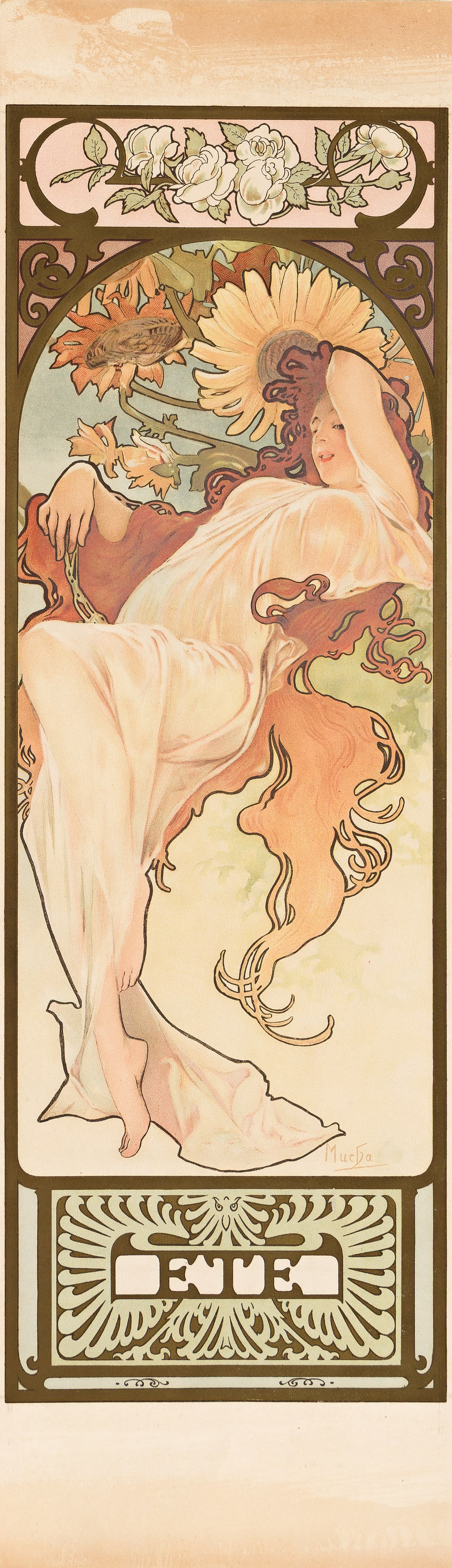 Alphonse Mucha, [The Seasons / Été]. 1897.: Alphonse Mucha1860-1939[The Seasons / Été]. 1897.Condition A-: staining at top and bottom margins; hinged at top to mat; separated from full sheet of four images. Paper.This is the smaller f