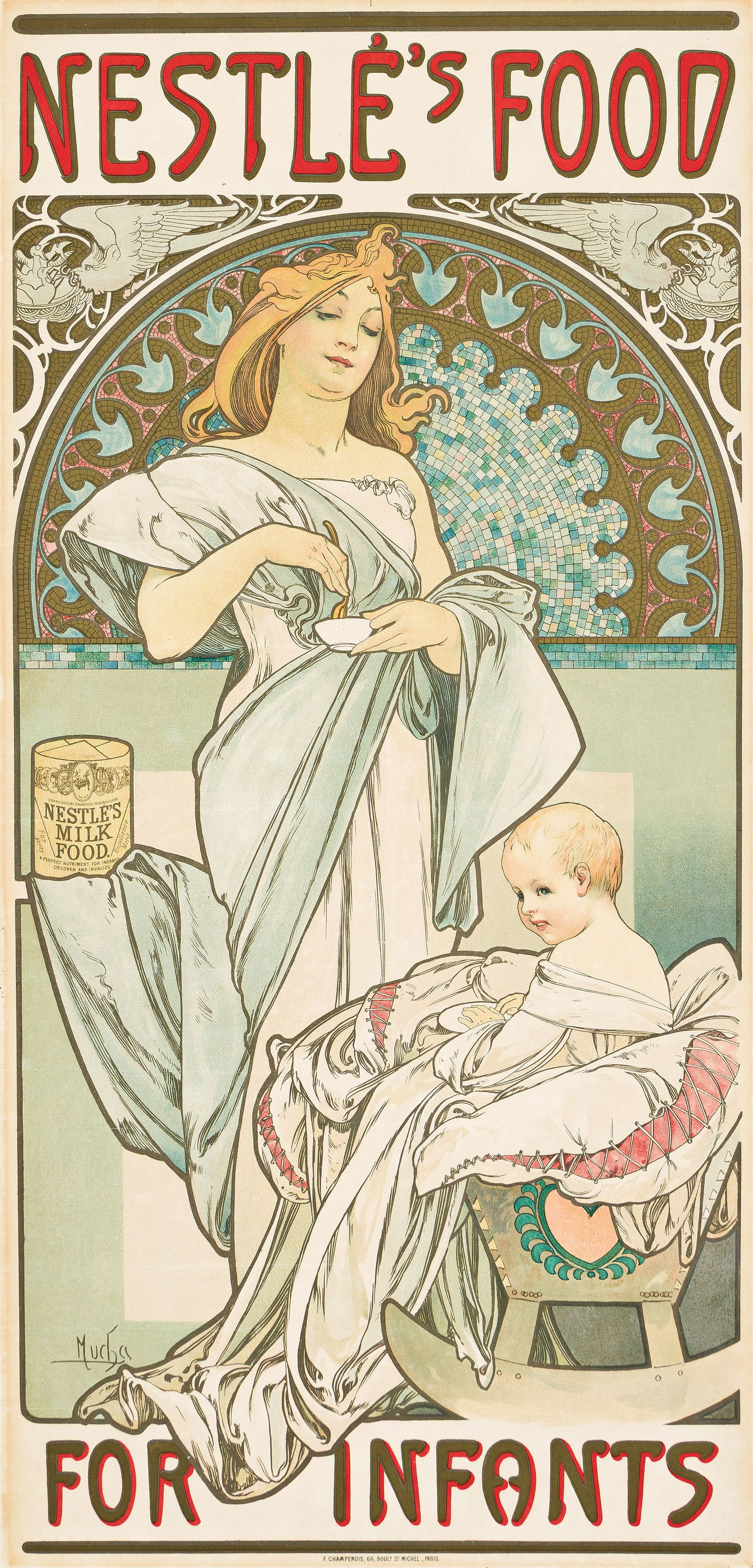 Alphonse Mucha, Nestlé's Food for Infants. 1897.: Alphonse Mucha1860-1939Nestlé's Food for Infants. 1897.Condition A: creases along horizontal folds.28¼x13½ inches, 71¾x34¼ cm. F. Champenois, Paris.