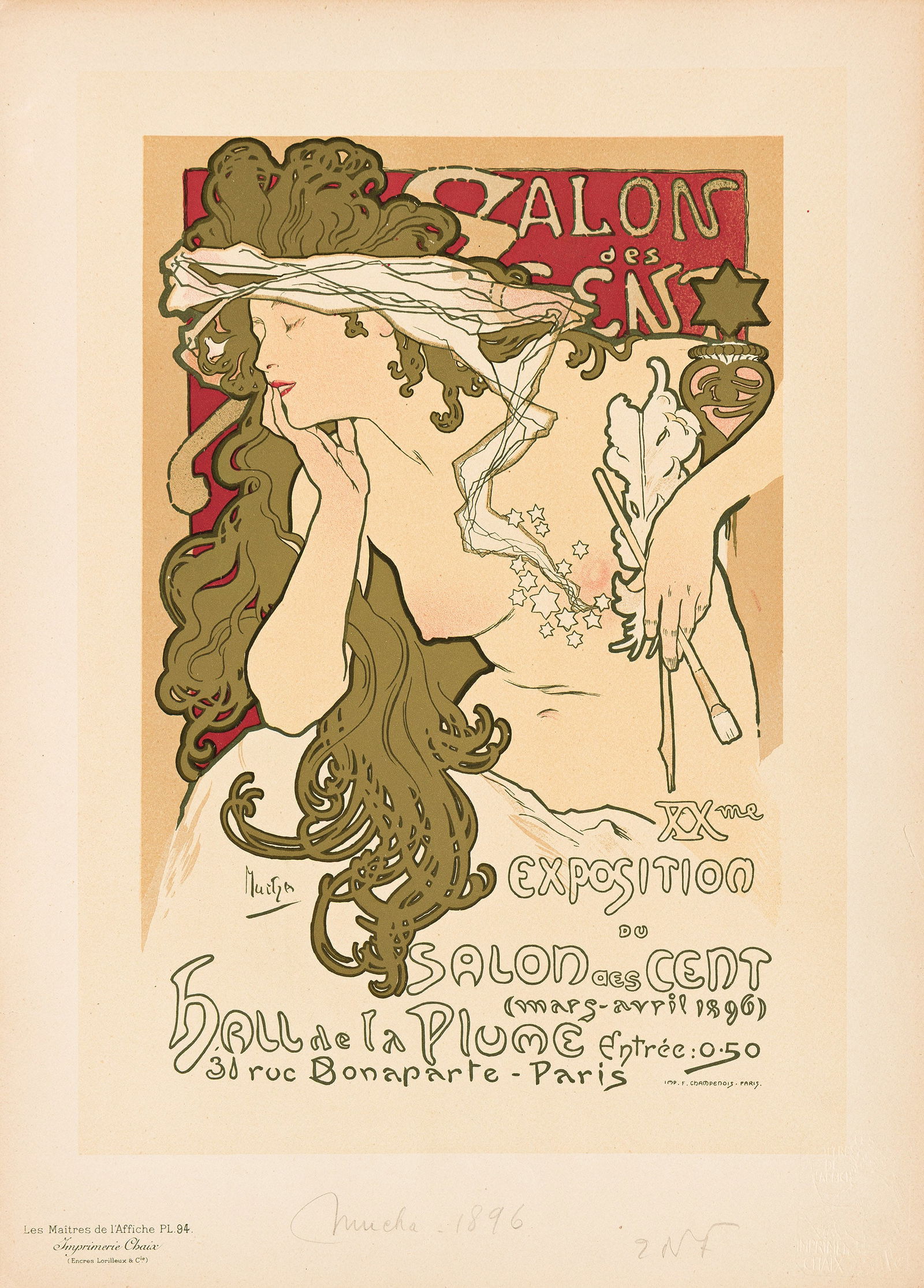 Alphonse Mucha, Salon des Cent. Maitres de l'Affiche pl. 94. 1897.: Alphonse Mucha1860-1939Salon des Cent. Maitres de l'Affiche pl. 94. 1897.Condition A-: small replaced loss at right edge, tape on verso; abrasions and slight darkening at edges; pencil notation in bot