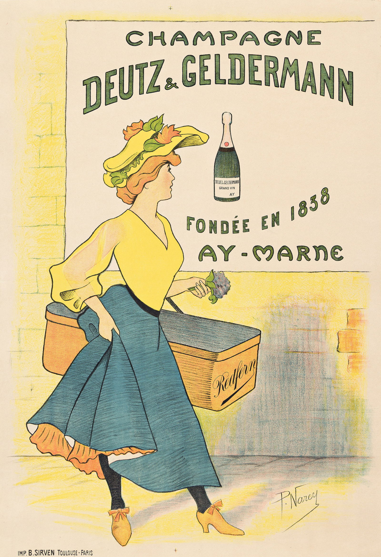P. Narey, Champagne Deutz & Geldermann. Circa 1900.: P. NareyDates UnknownChampagne Deutz & Geldermann. Circa 1900.Condition A: minor creases and restoration at edges.42x28¾ inches, 106¾x73 cm. B. Sirven, Paris.